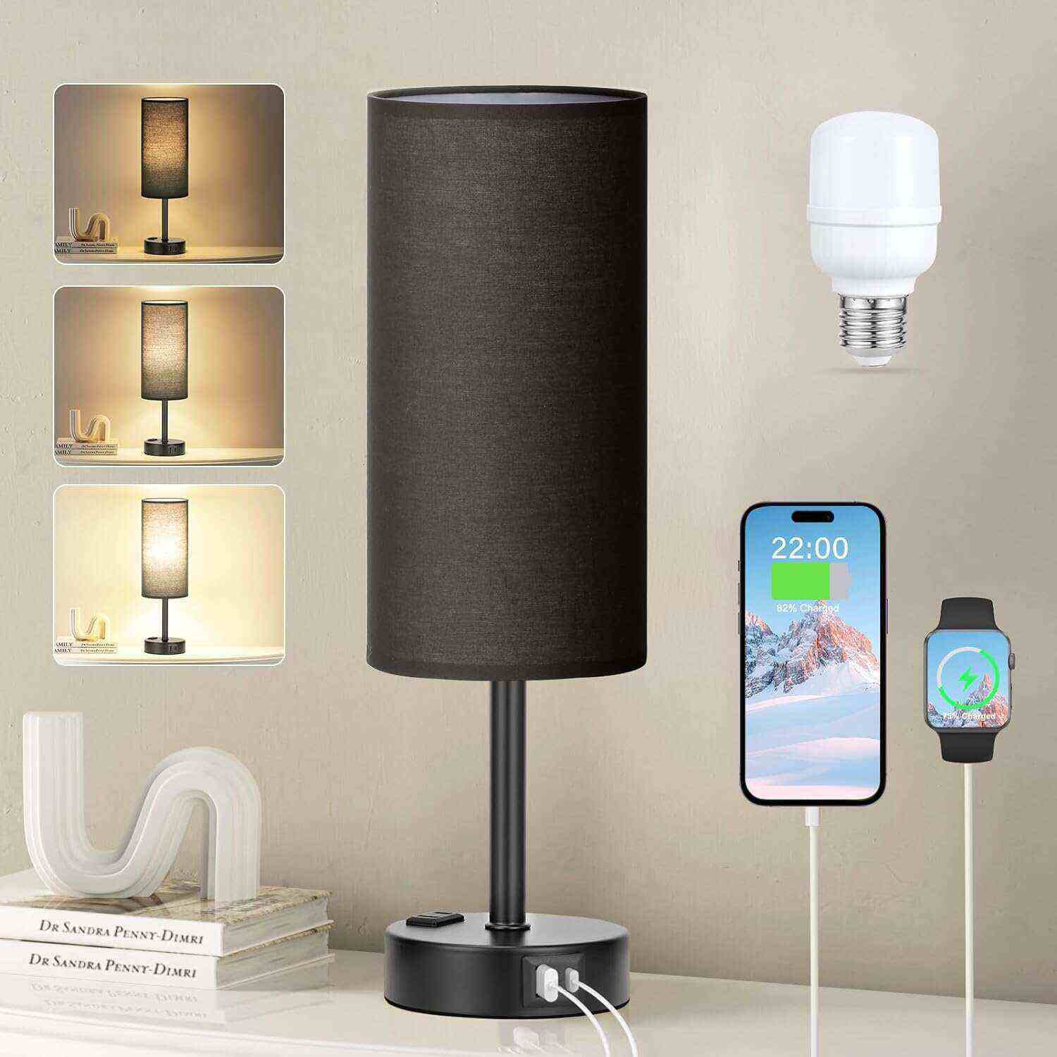 Bedside Table Lamp for Bedroom - 3 Way Dimmable Touch Lamp USB C Charging Ports and AC Outlet, Small Lamp Wood Base Round Flaxen Fabric Shade for Living Room, Desk, LED Bulb Included