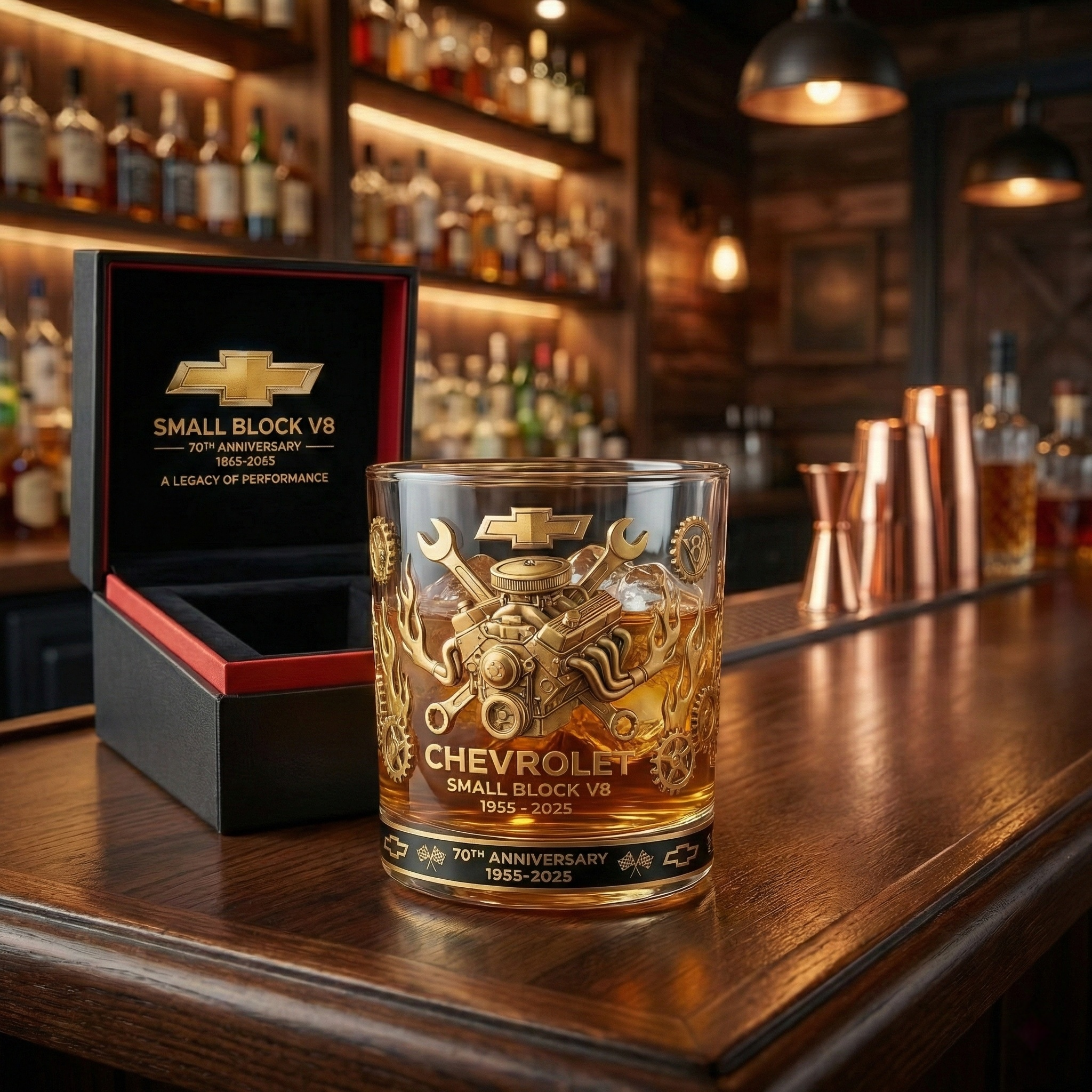 Small Block V8 70th Anniversary Commemorative Whiskey Glass