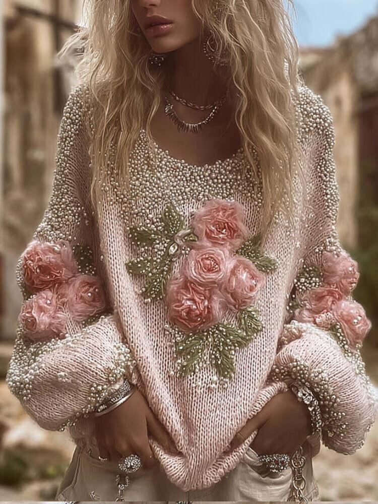 Women's Flower Vintage Round-neck Thick Sweater