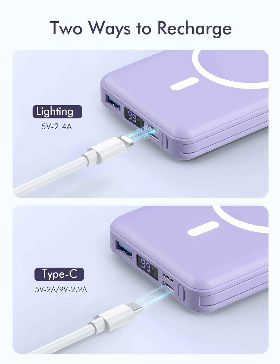 podoru Wireless Portable Charger, 10000mAh Magnetic Power Bank Built-in USB-C Lighting Cables 22.5W PD Fast Charging LED Display Mag-Safe Battery Pack for iPhone 15/14/13/12/Mini/Pro/Pro Max - White