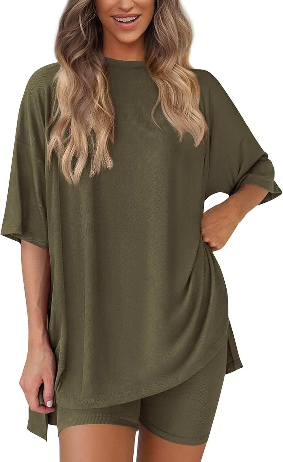 🔥Flash sale🔥Women's Two Piece Lounge Set 2026 Summer Casual Oversized Shirts  Biker Shorts Matching Airport Travel Outfit
