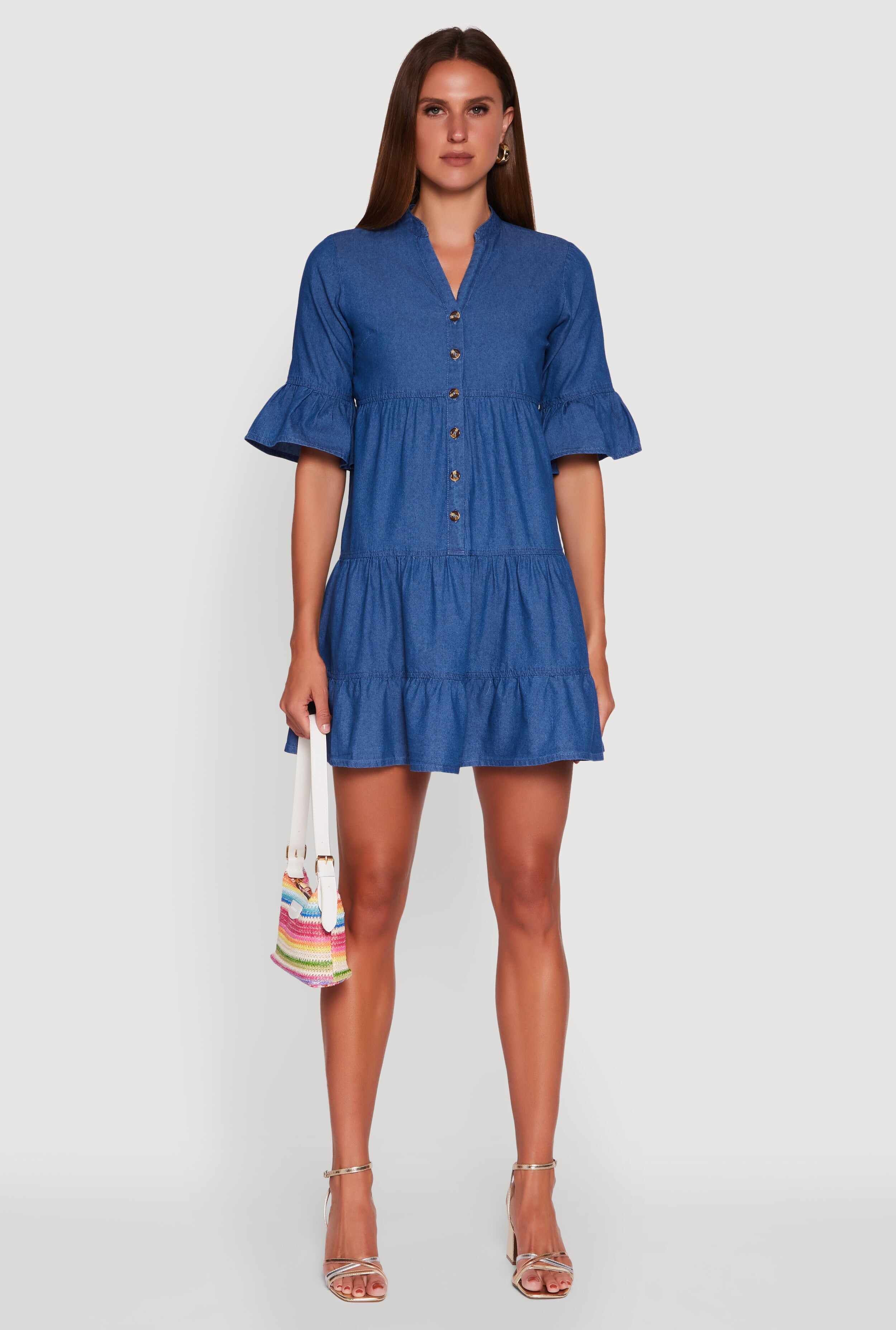 Trendy Denim Button Front Tiered Mini Dress