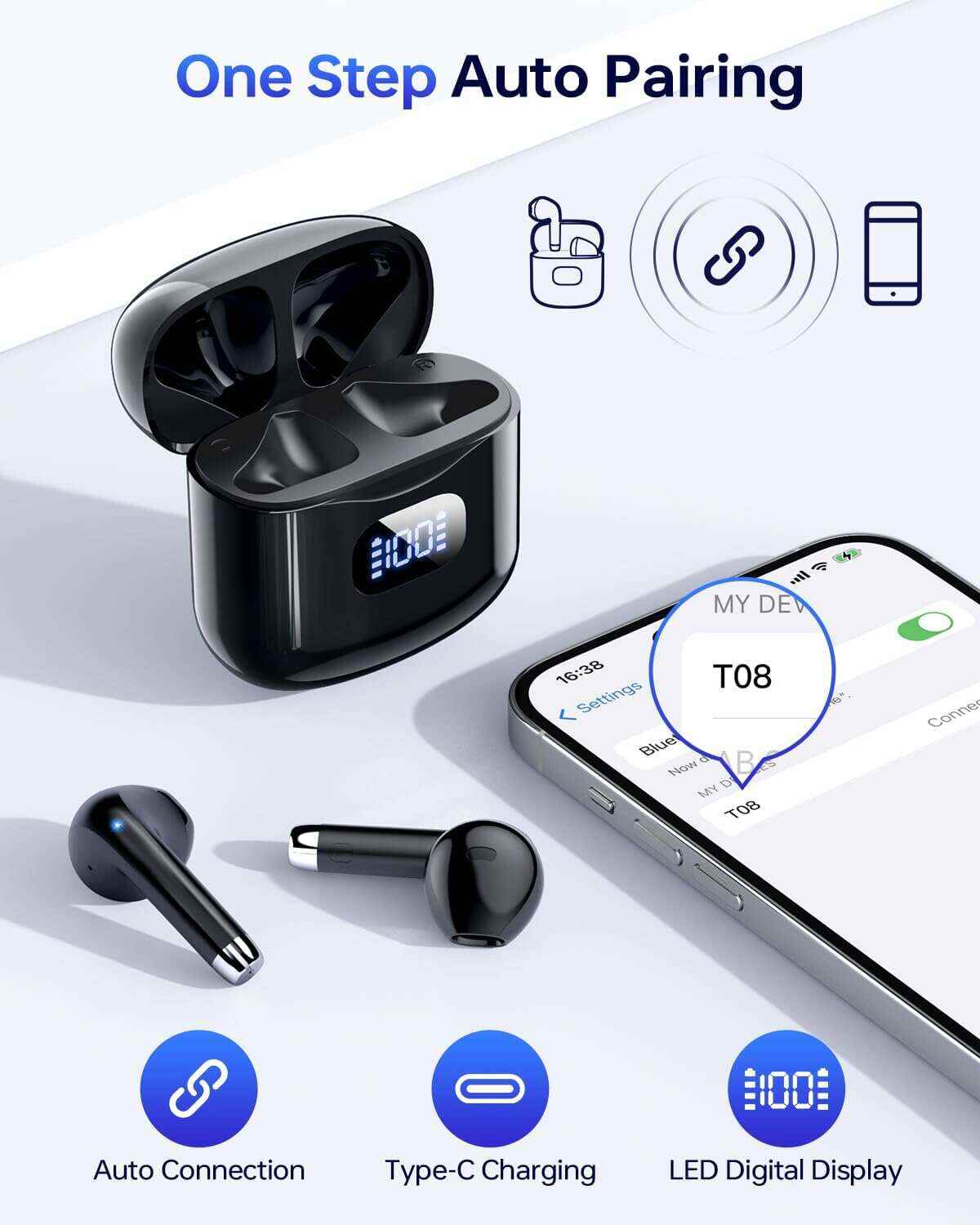 Wireless Earbuds, Bluetooth 5.3 Headphones 40Hrs Playtime with Charging Case, IPX5 Waterproof Stereo in-Ear Earphones with Microphone for iOS Android Cell Phone Sports Workout, Black