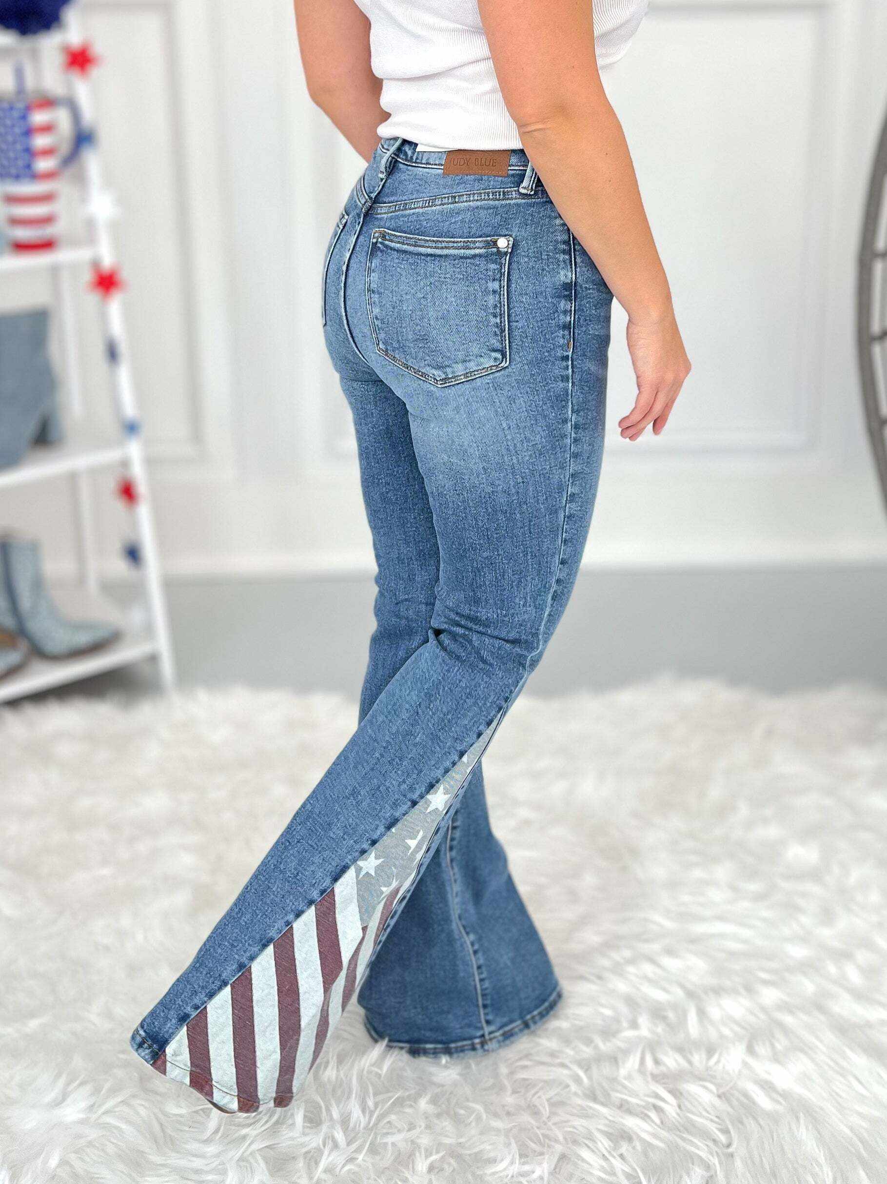 Should've Been A Cowboy - Christmas Americana Flag Print Flare Jeans - Final Sale