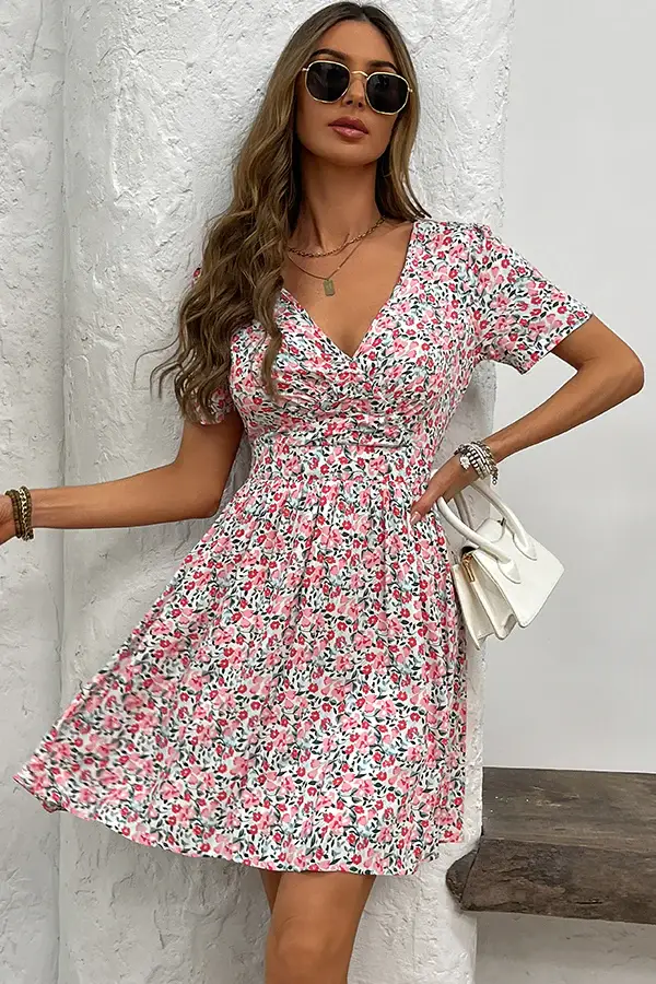 Fashion V Neck Floral Print Casual Dress