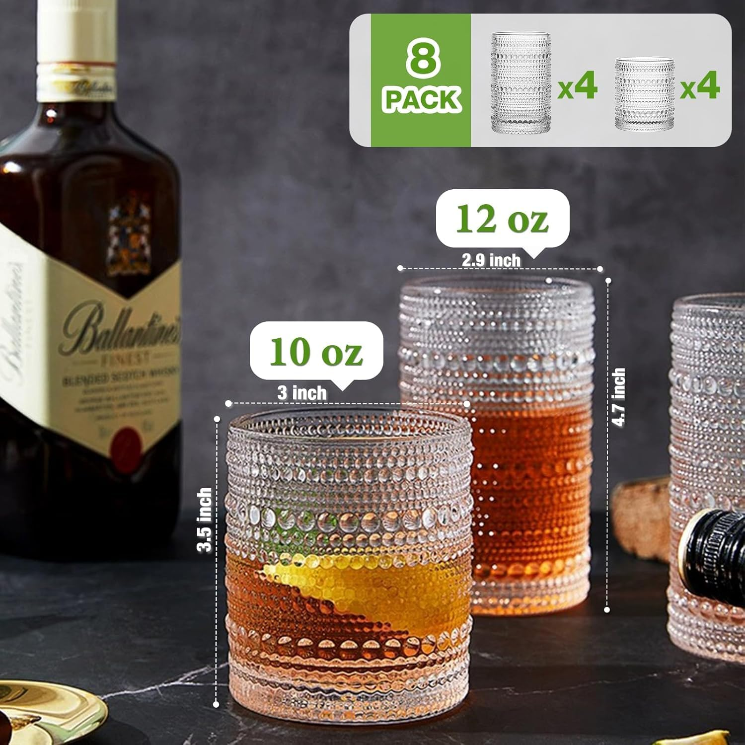 Hlukana Retro Hobnail Drinking Cup 8-Piece Set, 12 oz (about 340.2 ml) Highball Glasses and 10 oz (about 283.5 ml) Cocktail Glasses Set, Kitchen Water Cup, Bar Glass, Beer, Juice, Cocktail, Whiskey, Milk