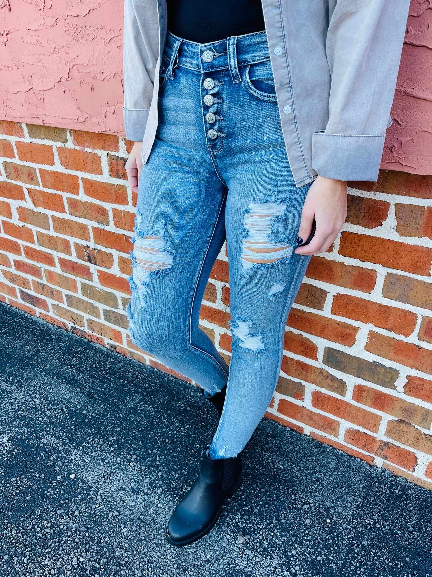 RESTOCK PLUS/REG Not A Basic Bleach Splatter Button Fly Skinny Jeans