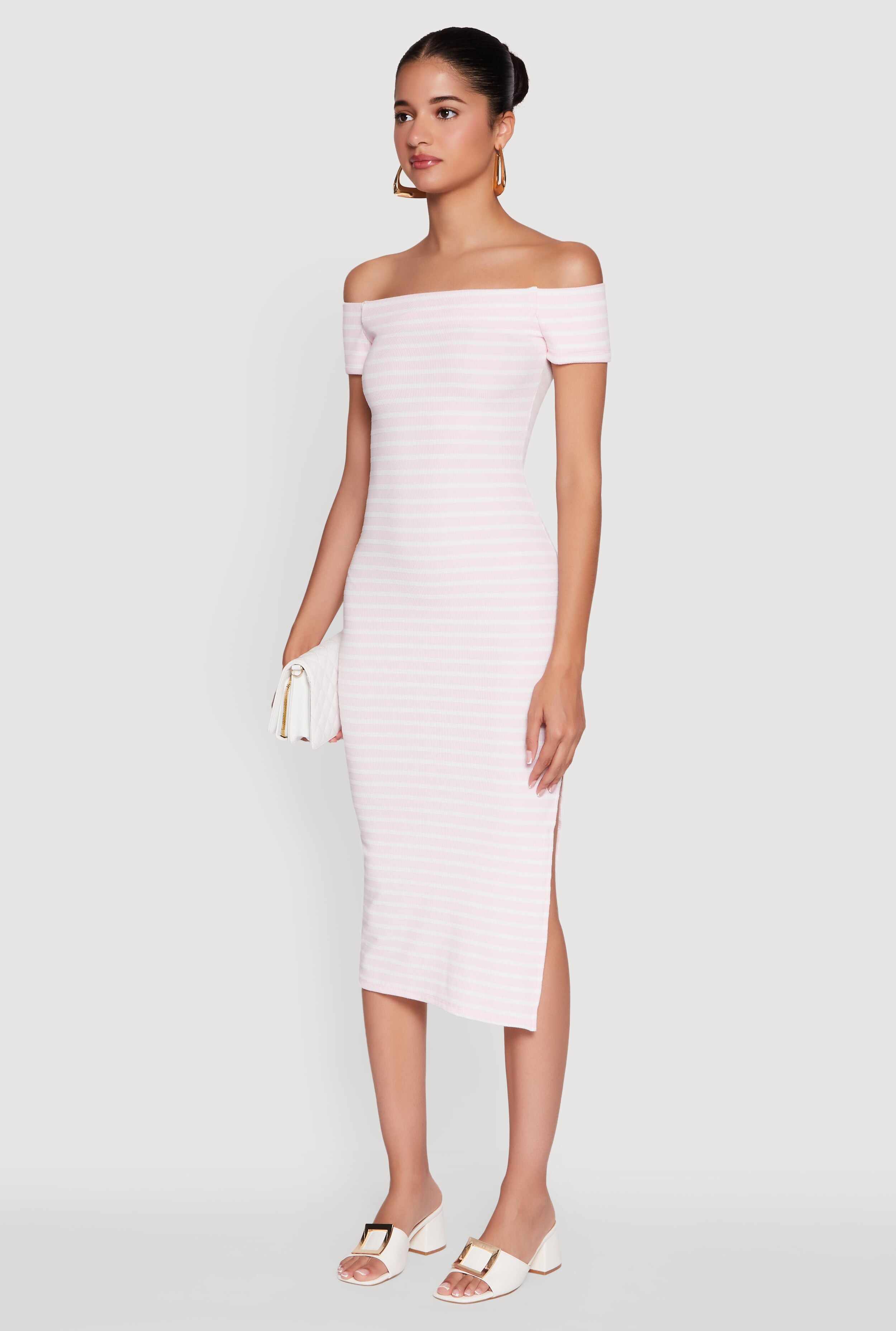 Ribbed Knit Side Slit Striped Midi Dress
