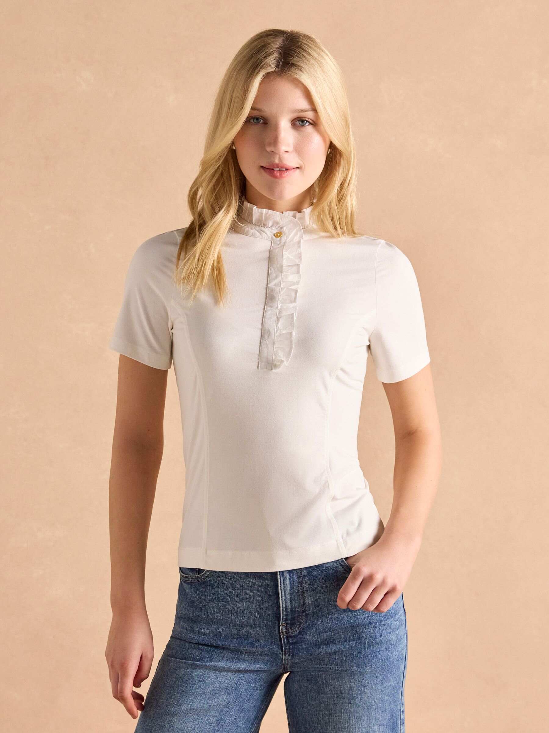 Kate White Short Sleeve Frilled Neck Top