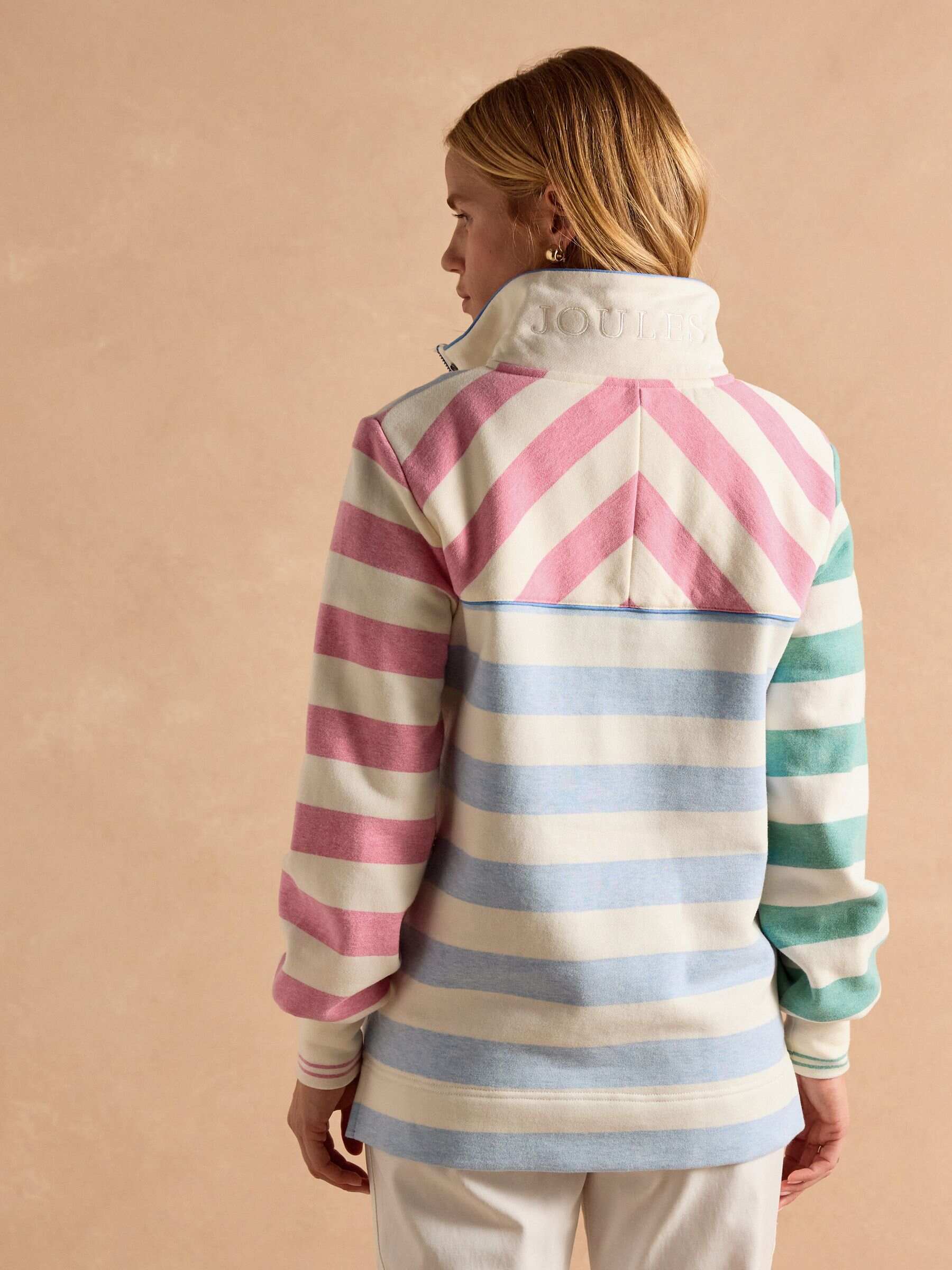 Burnham White & Blue Stripe Cotton Funnel Neck Quarter Zip Sweatshirt