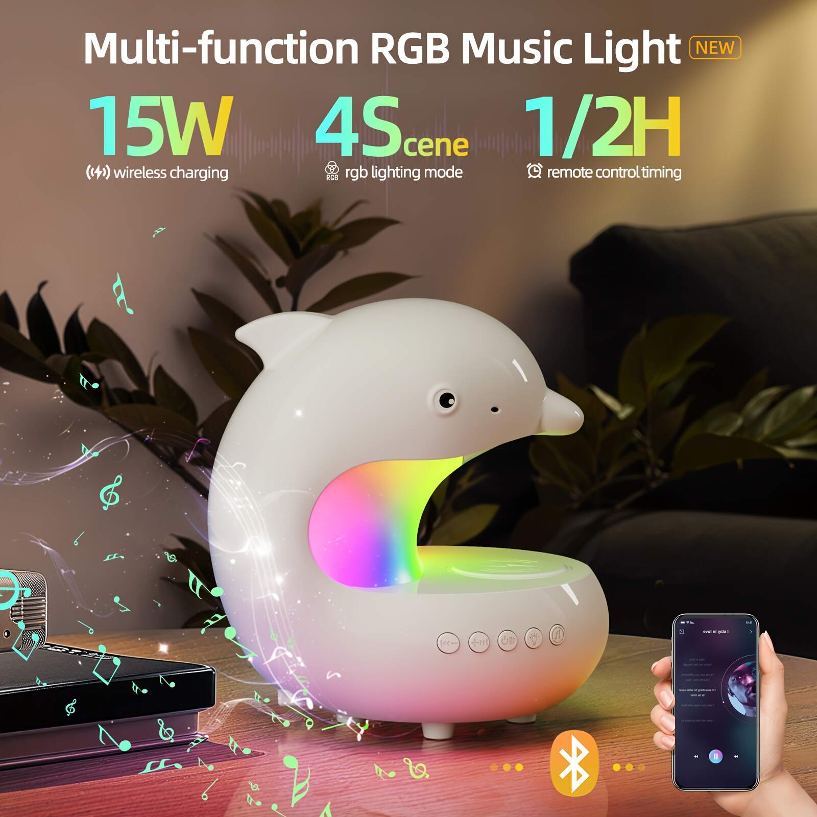 Wireless Speakers with Wireless Charging, Rhythm RGB Lights, 1200mAh Cute Dolphin Smart Lights, Bedroom Night Lights, dimmable Table Lamp, Perfect Gift Idea for Friends on Holidays & Birthdays