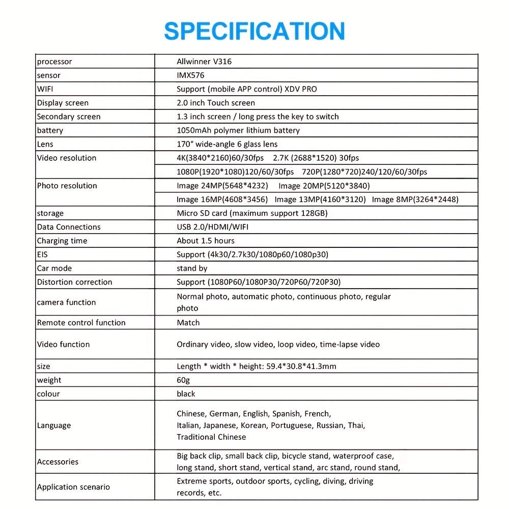 4K/60fps Touch Screen Hd Screen 170 Degree Wide Angle Unwaterproof 1181.1inch WiFi Action Camera With Remote Control Max Support 128GB Memory Card (not Included Sd Card )