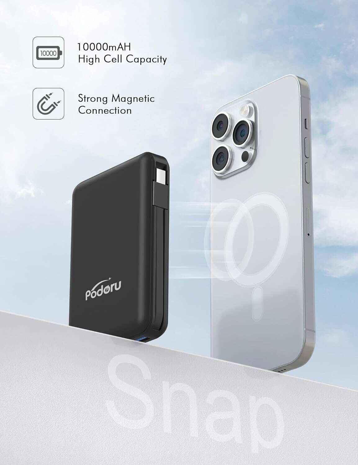 podoru Wireless Portable Charger, 10000mAh Magnetic Power Bank Built-in USB-C Lighting Cables 22.5W PD Fast Charging LED Display Mag-Safe Battery Pack for iPhone 15/14/13/12/Mini/Pro/Pro Max - White