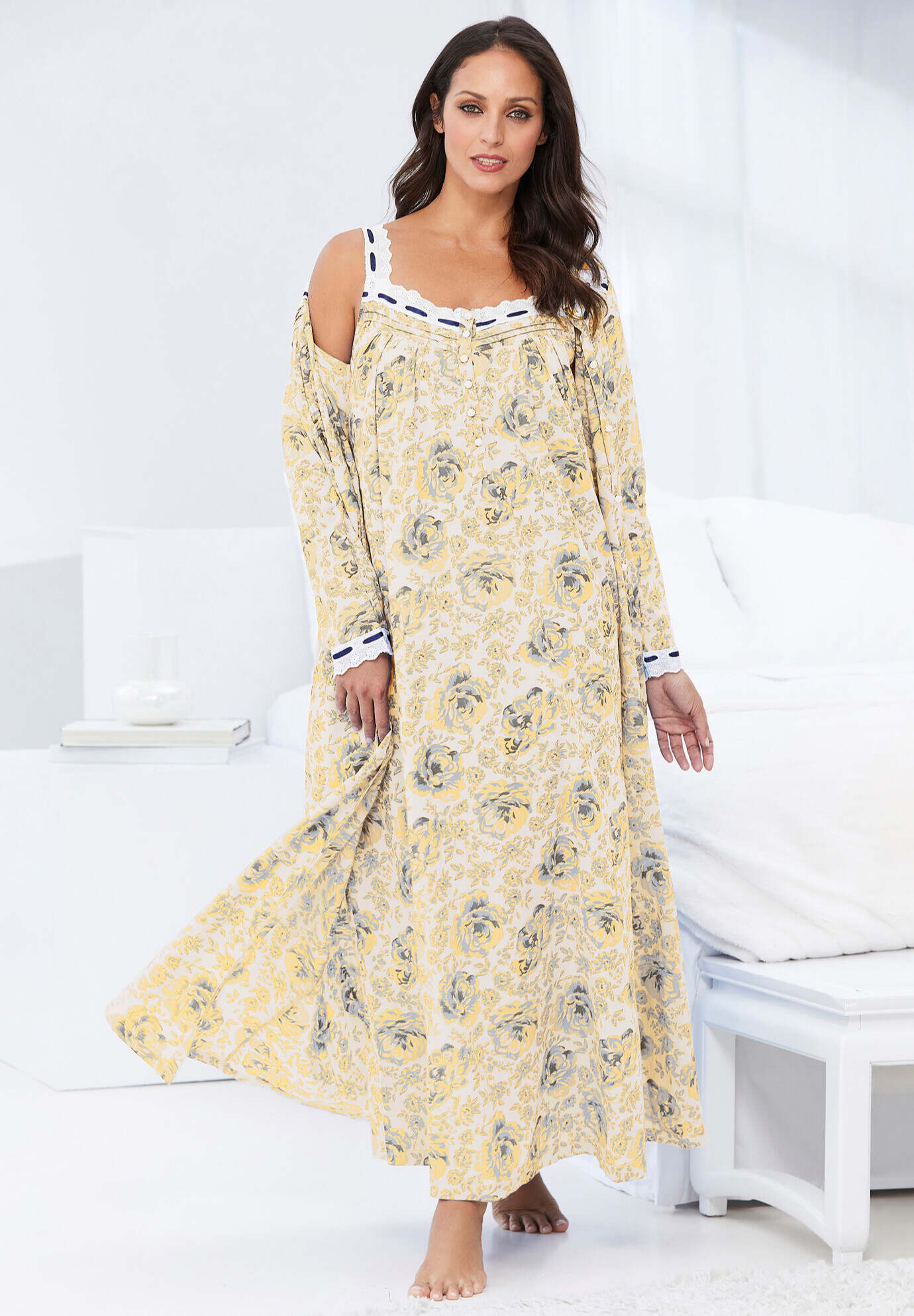 Long 2-Piece Cabbage-Rose Peignoir Set
