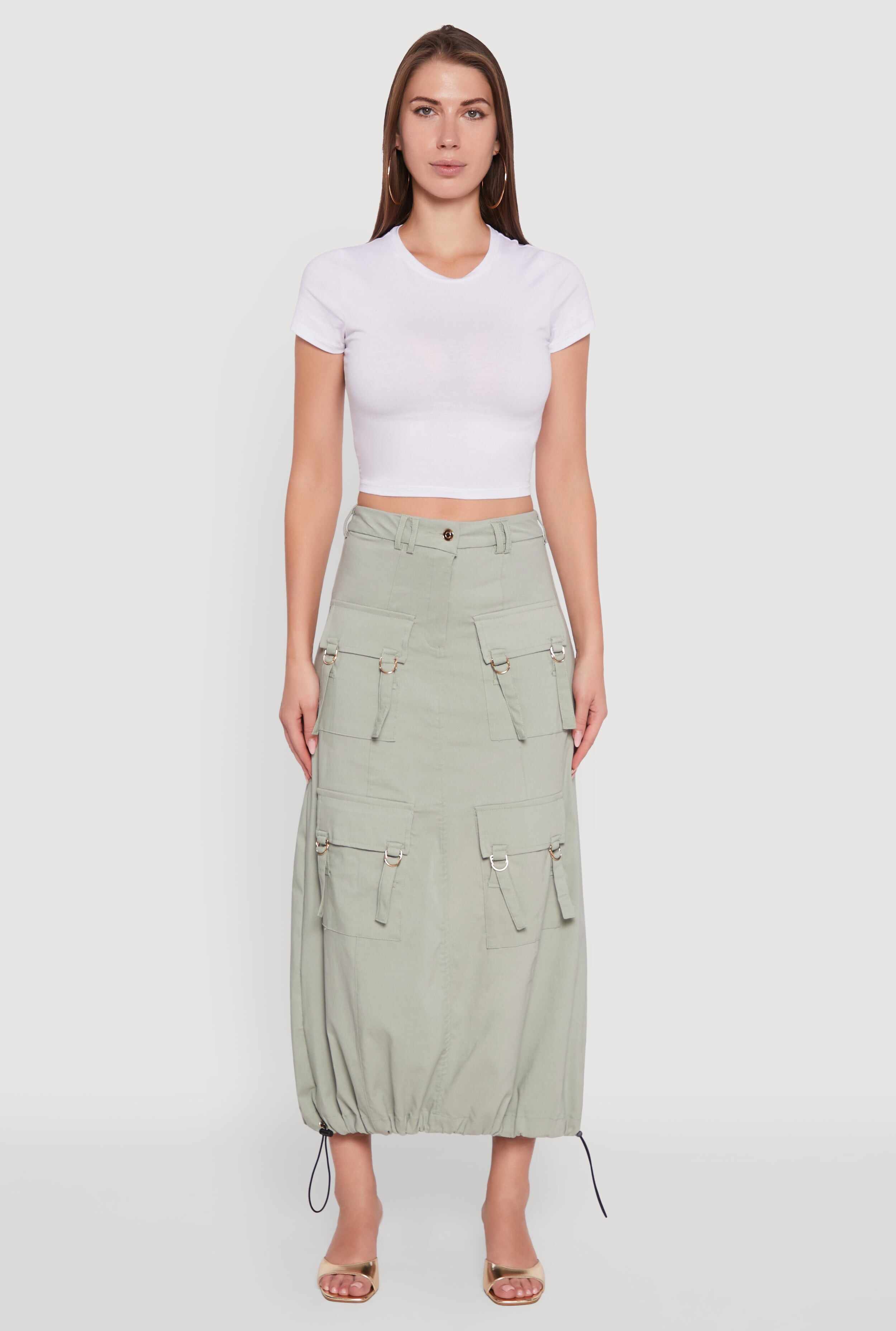 High Waisted Solid Maxi Skirt with Cargo Pockets