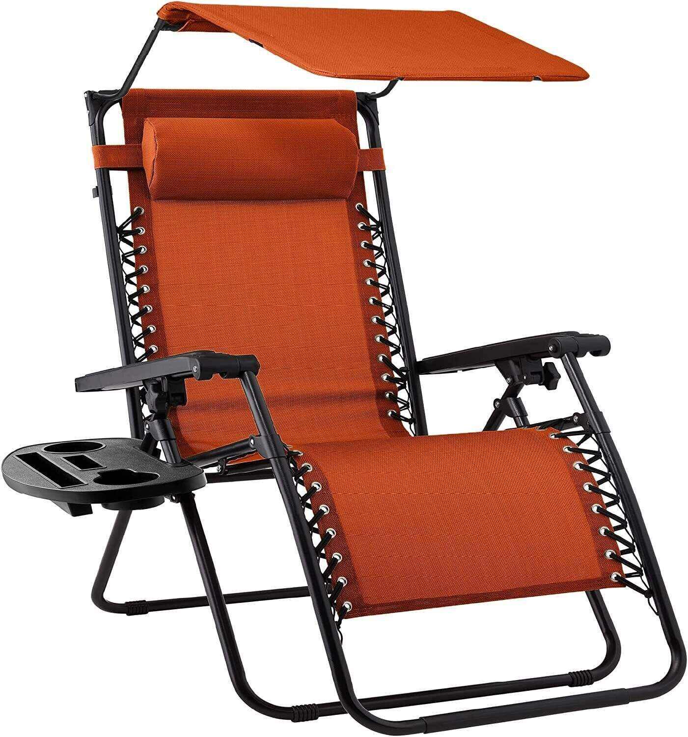 Folding Zero Gravity Recliner Patio Lounge Chair w/Adjustable Canopy Shade, Headrest, Side Accessory Tray, Textilene Mesh - Beige