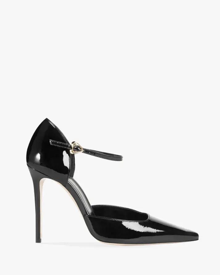 Black Patent Leather Pointed-Toe Ankle Strap Stiletto Pumps
