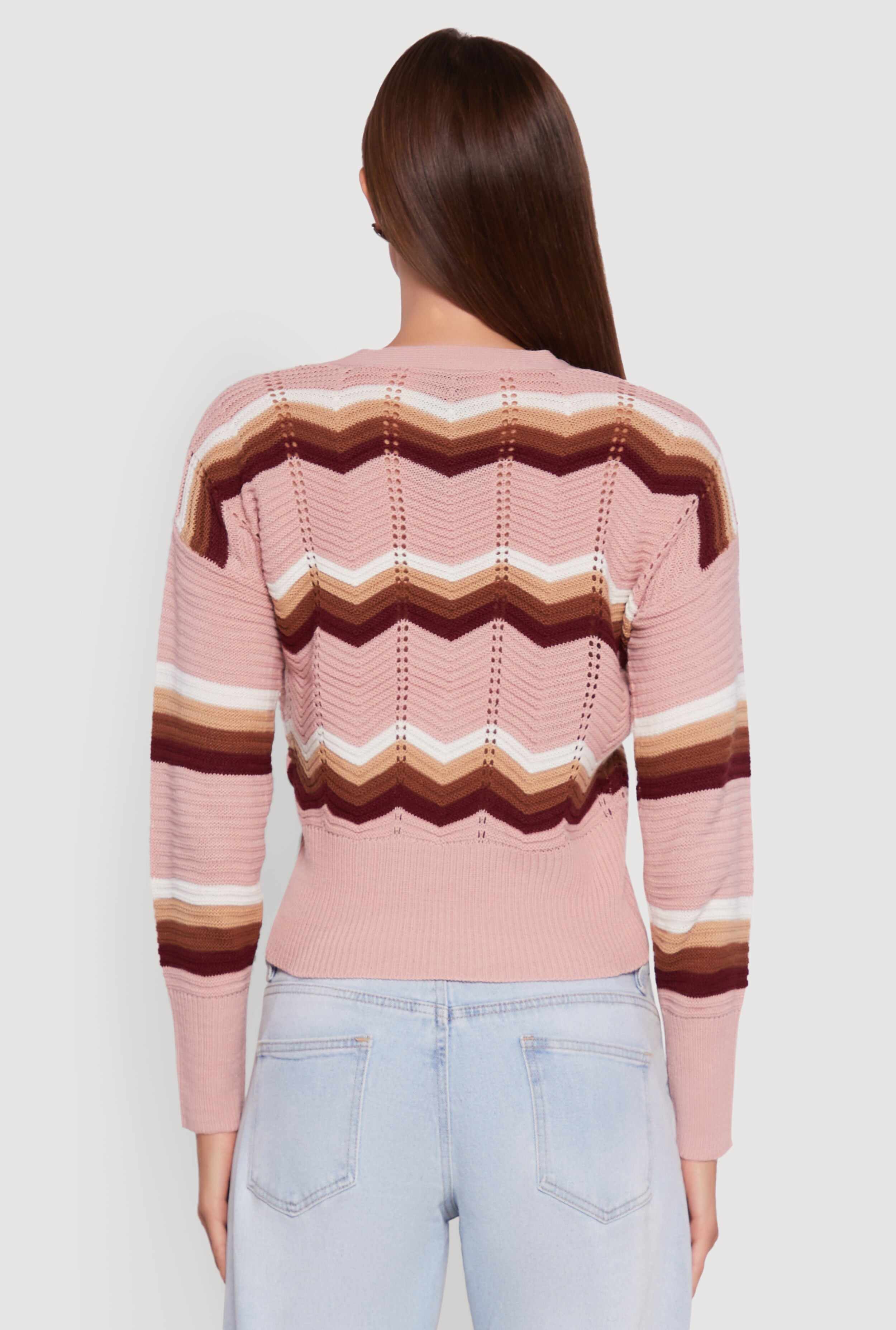 Chevron Print Ribbed Knit Faux Wrap V-Neck Sweater