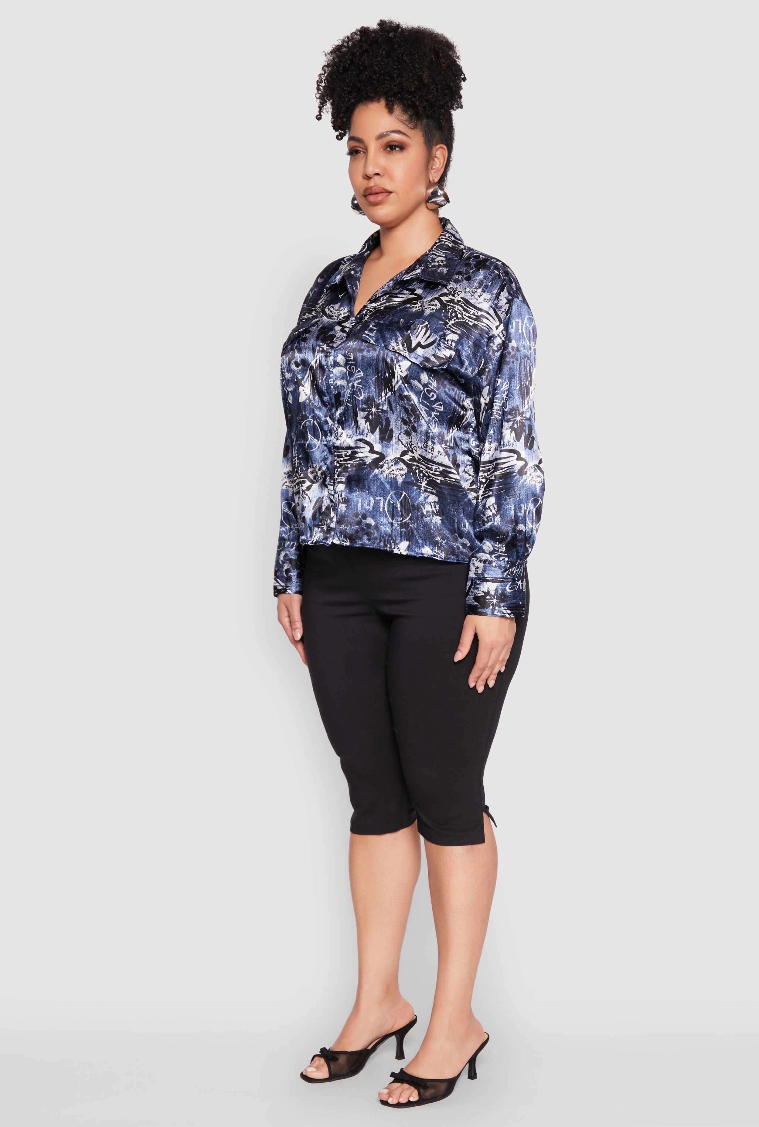 Plus Size Satin Graffiti Printed Pattern Shirt