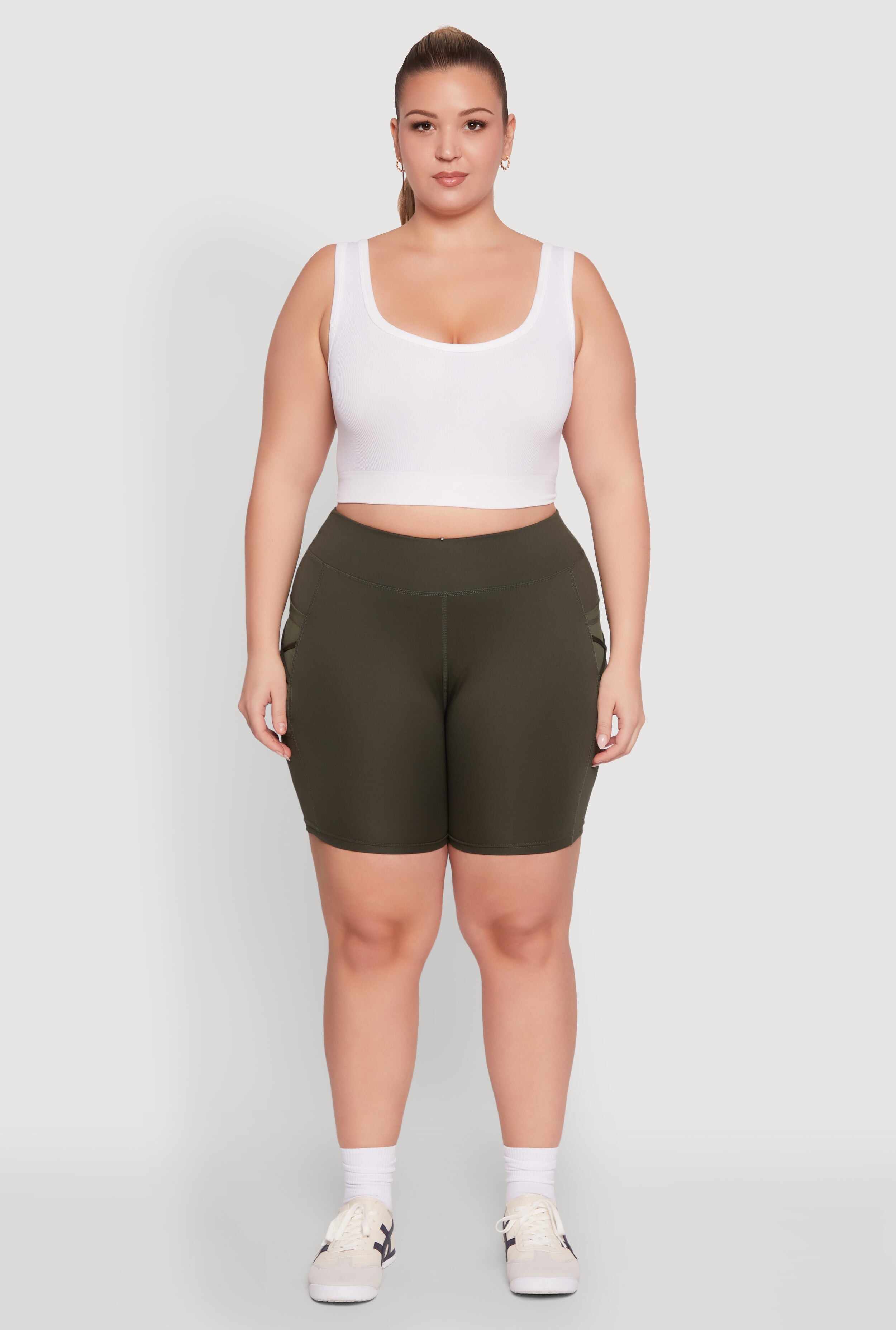 Plus Size Caged Mesh Cell Phone Pocket Biker Shorts