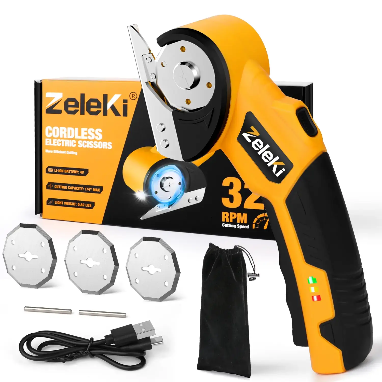 【Gift】Cordless Electric Scissors 4V – Rechargeable Heavy Duty Cutter with Safety Lock, LED Light, Long Battery Life & 2 Extra Blades | Easy-to-Use Wireless Shears for Cardboard, Packaging Yellow with Storage Bag