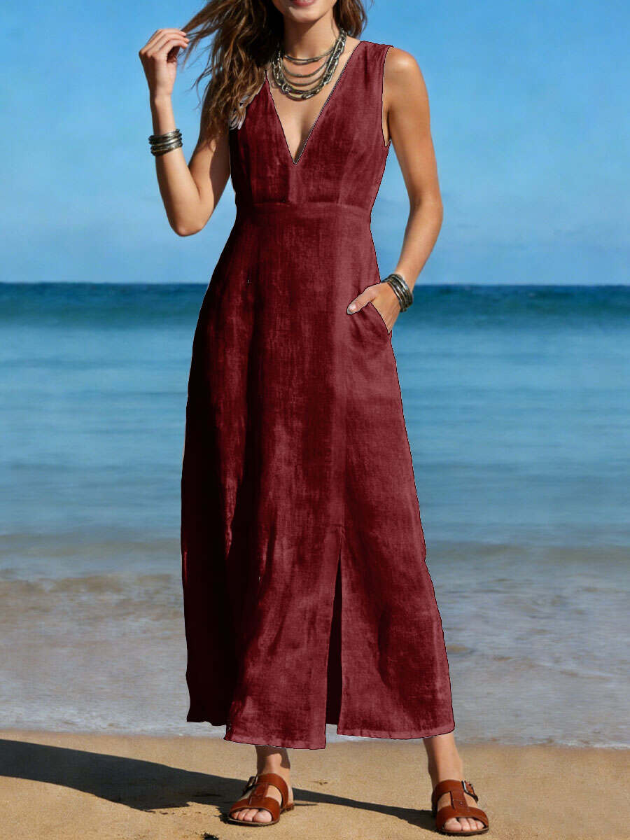 🔥Summer Arrivals🌟Women's Long Cotton Linen Slit Dress
