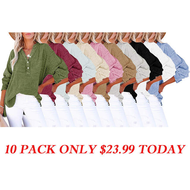 🔥10-Pack Womens Casual Gauze Button Neck Long Sleeve Oversized BlousesTops