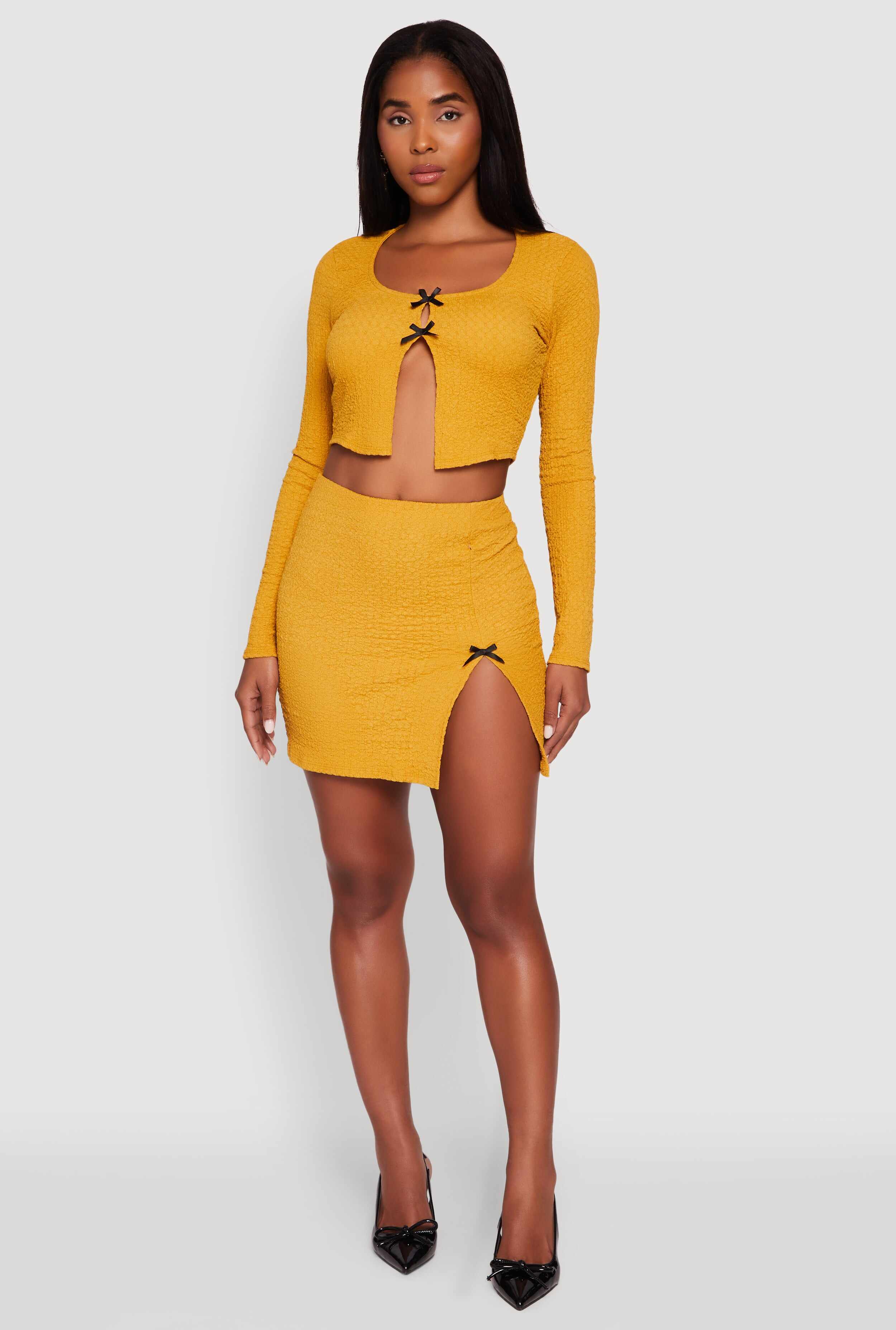 Textured Knit Cropped Blouse with Slit Front