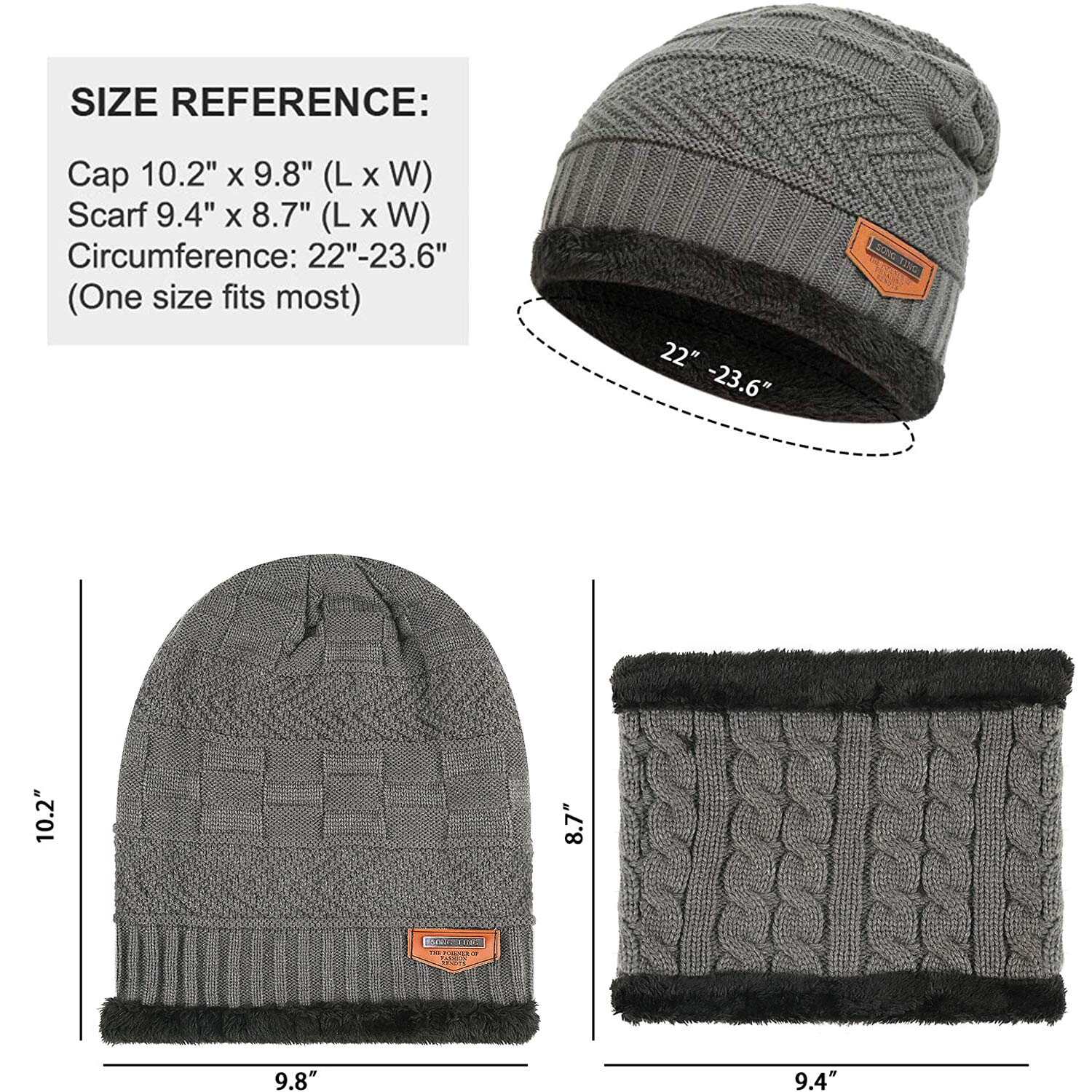 Mens Womens Winter Beanie Hat Scarf Set Warm Knit Hat Thick Fleece Lined Winter Cap