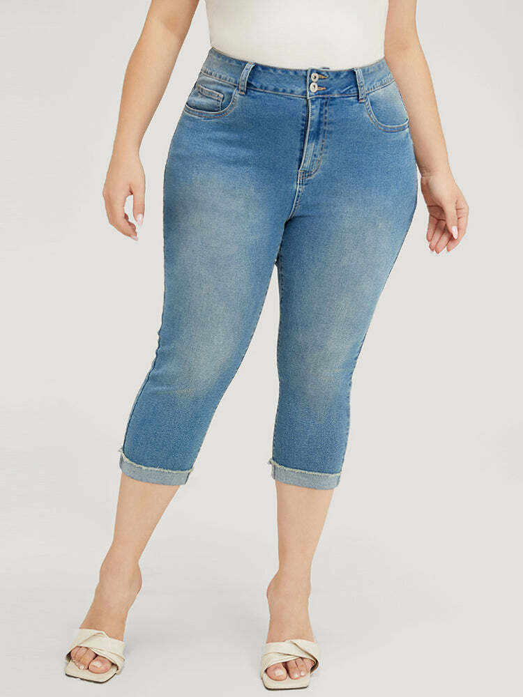Very Stretchy High Rise Medium Wash Roll Hem Cropped Jeans