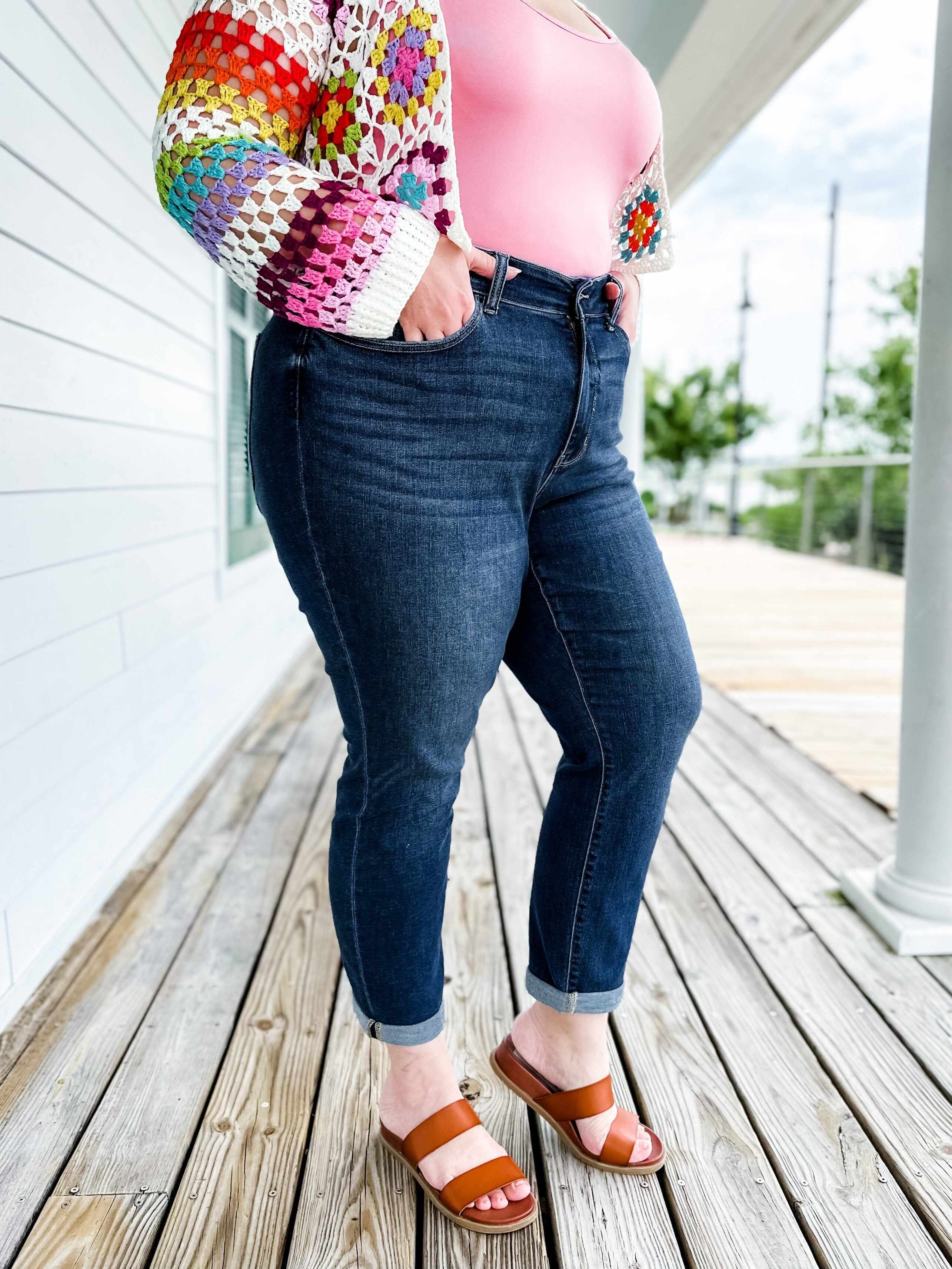 🔥Hot Sales🔥My Favorite Boyfriend Mid Rise Dark Wash Non Distressed Cuffed Boyfriend Jeans