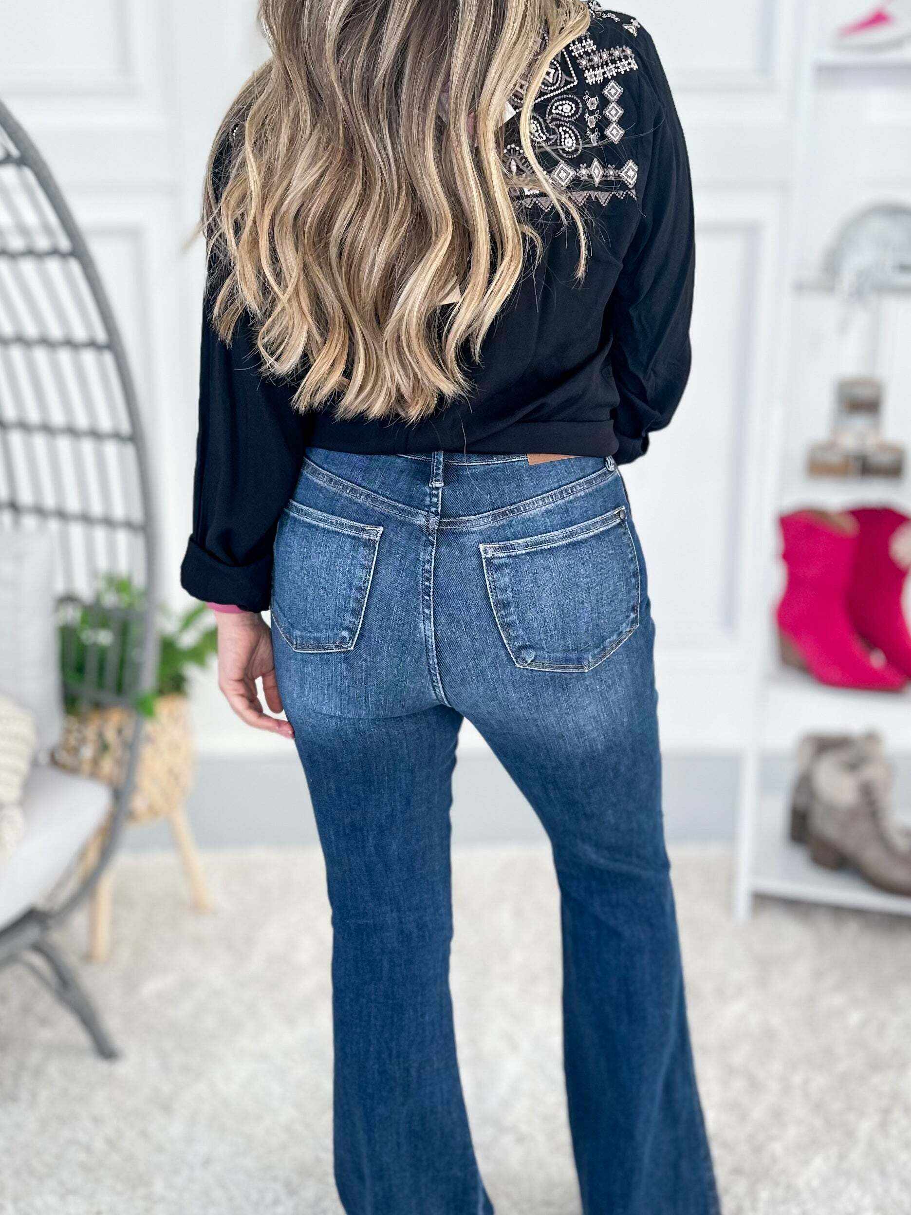 Full Of Flare - Christmas Tummy Control Knee Destroy Raw Hem Flare Jeans- Final Sale