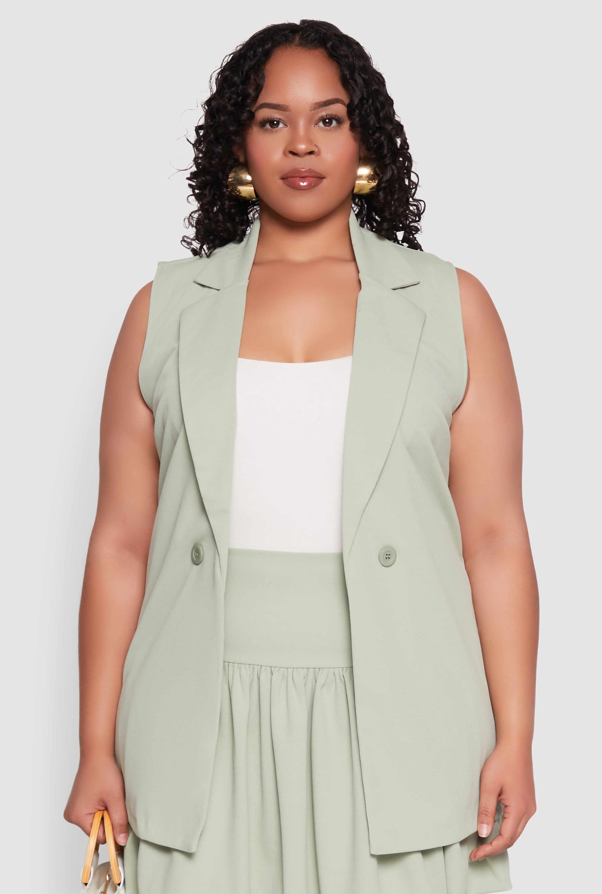 Plus Size Crepe Knit Button Detail Blazer Vest