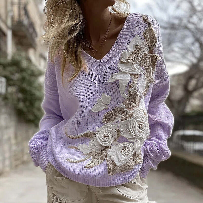 Women's White Rose Knitted Warm V-neck Sweater