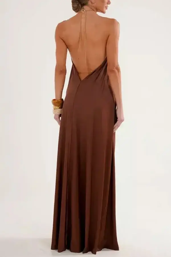 Ocean Goddess Metal Circular Chain Halter Backless Vacation A-line Maxi Dress