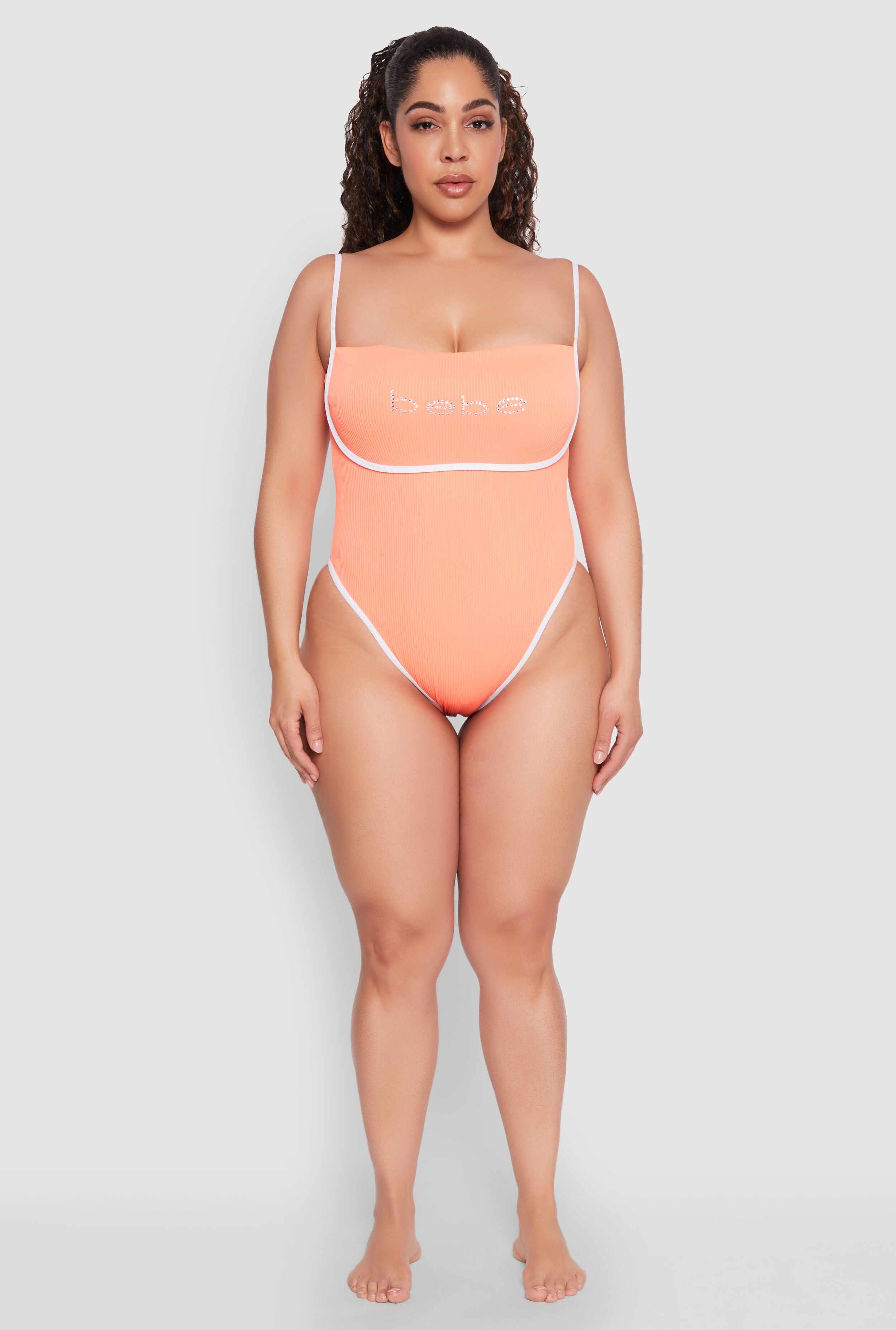 Plus Size Bebe Rhinestone Tie Back One Piece Swimsuit