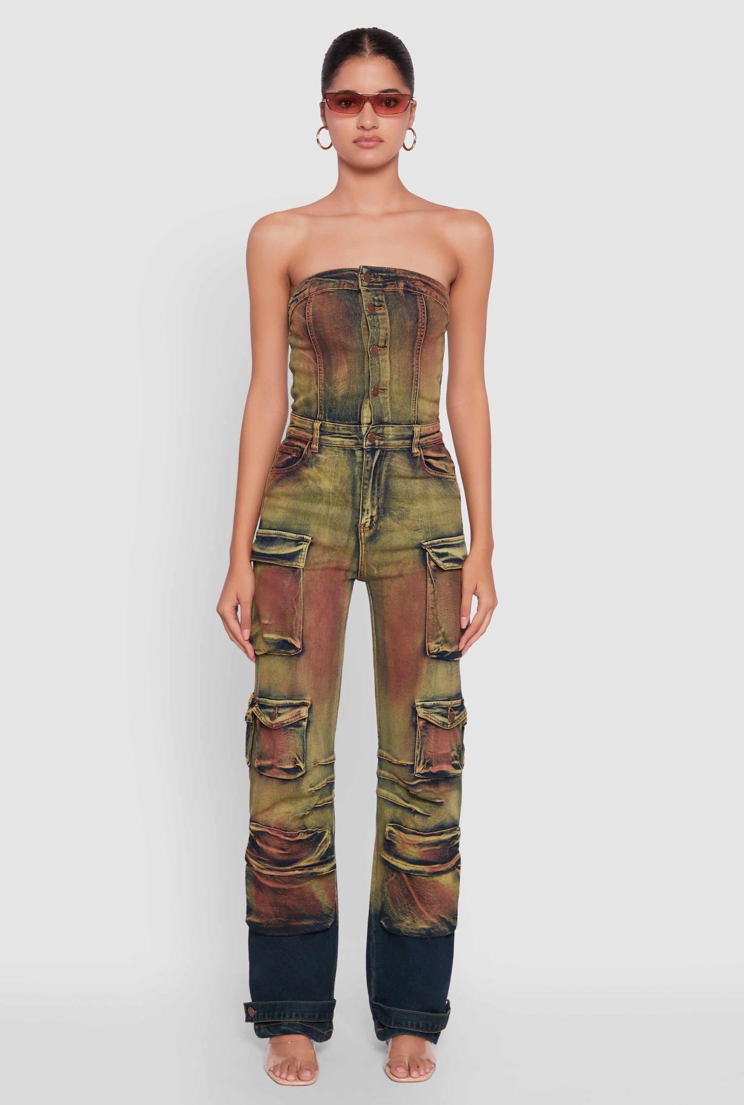 Acid Wash Button Front Tube Utility Jumpsuit