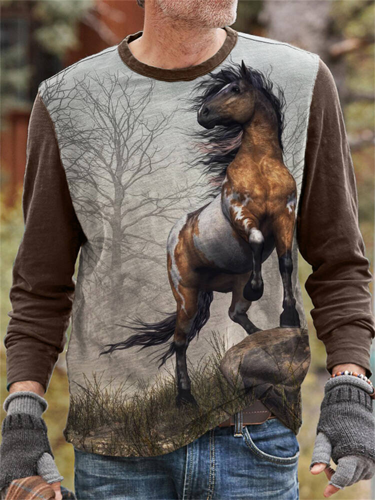 Western Horse Print Casual Long Sleeve T Shirt
