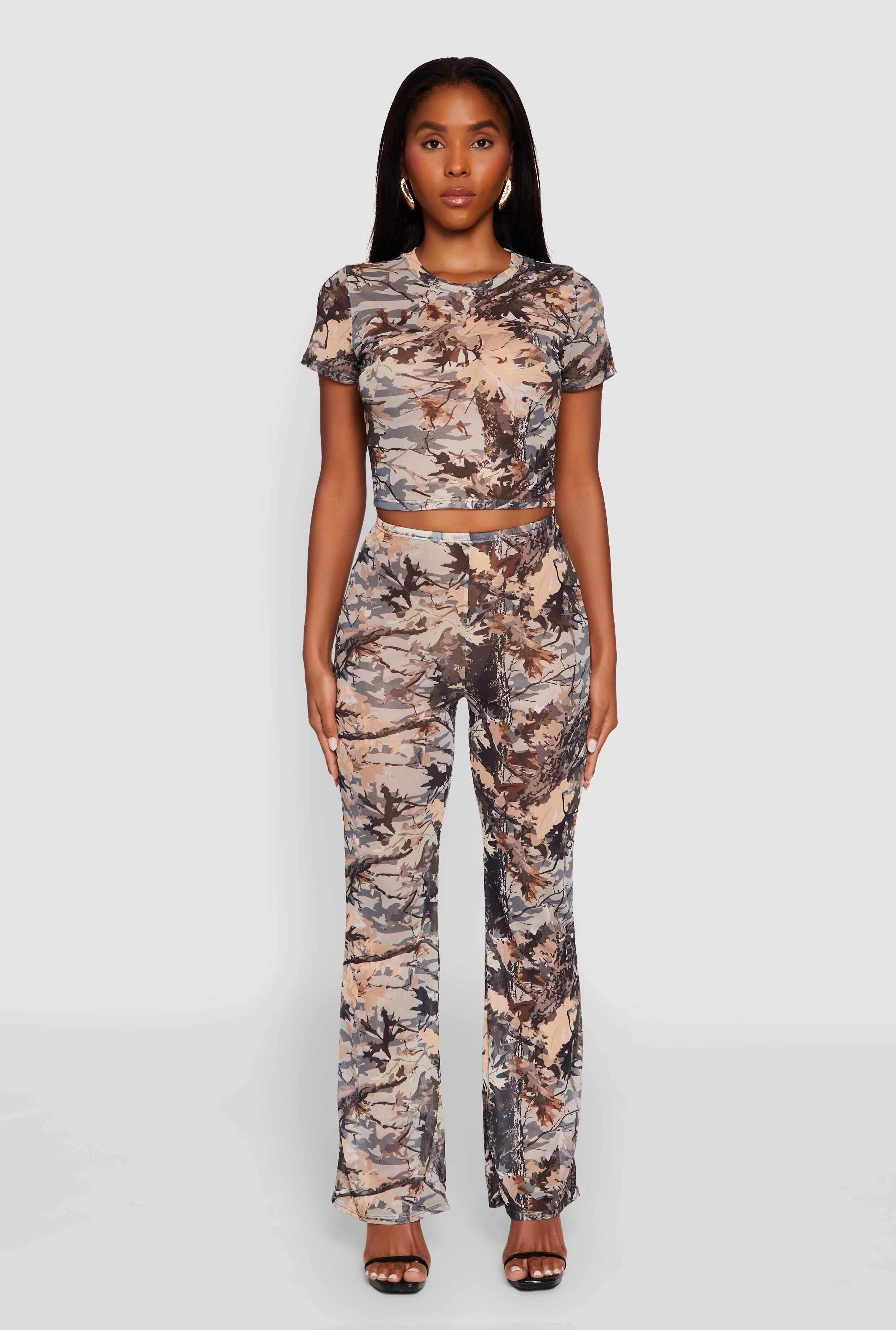 Camo Leaf Print Mesh Crop Top