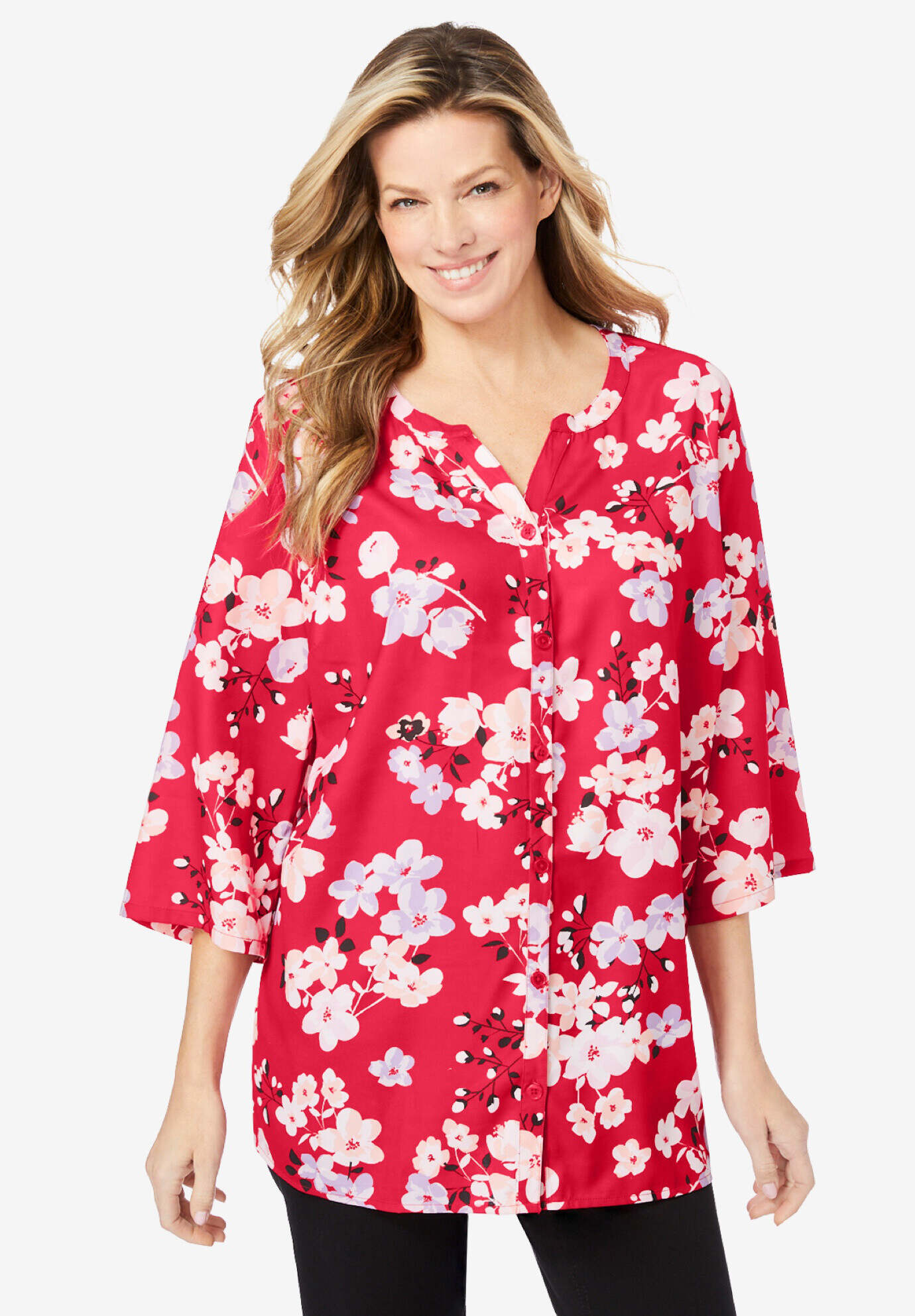 Y-Neck Button Front Blouse
