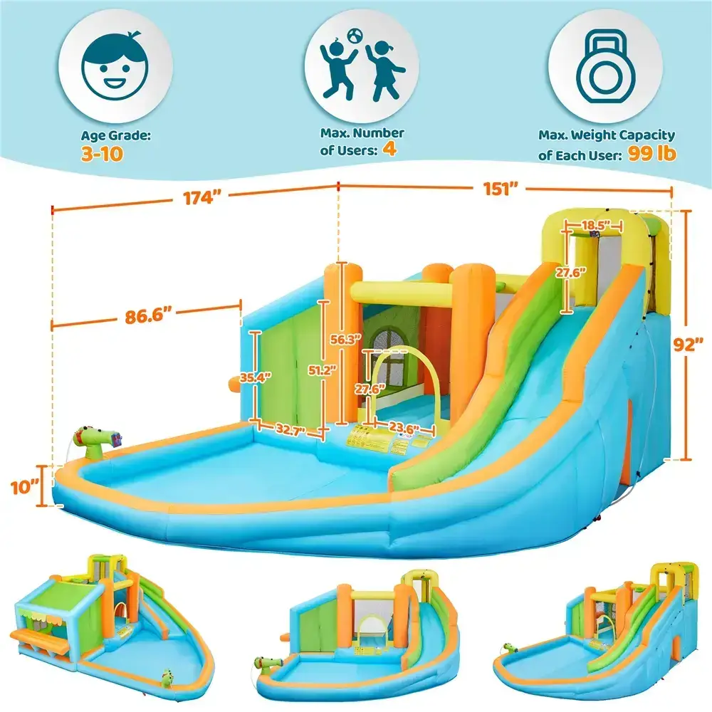 8-in-1 Inflatable Bounce House with Splash Pool, Slide, Climbing Wall, and Market Stand for Kids Ages 3-10, 520W Blower, Portable & Multifunctional Playground Set