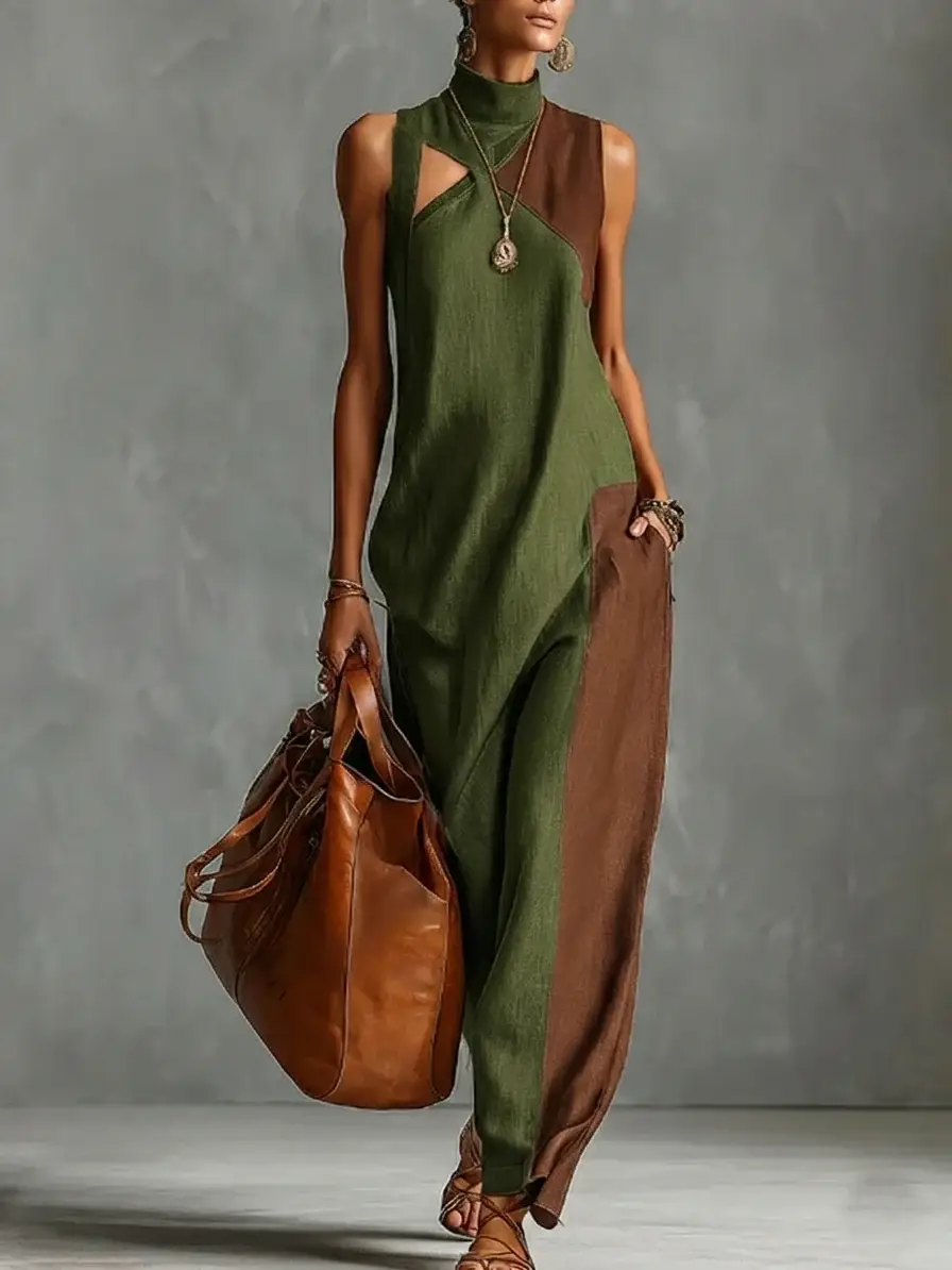 🔥Summer Arrivals🌟Fashionable Color-blocked Linen-cotton Maxi Dress