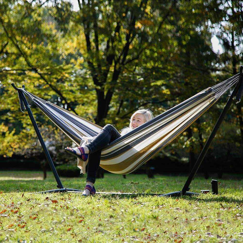 Double Cotton Hammock with Space Saving Steel Stand, Tropical (450 lb Capacity - Premium Carry Bag Included)