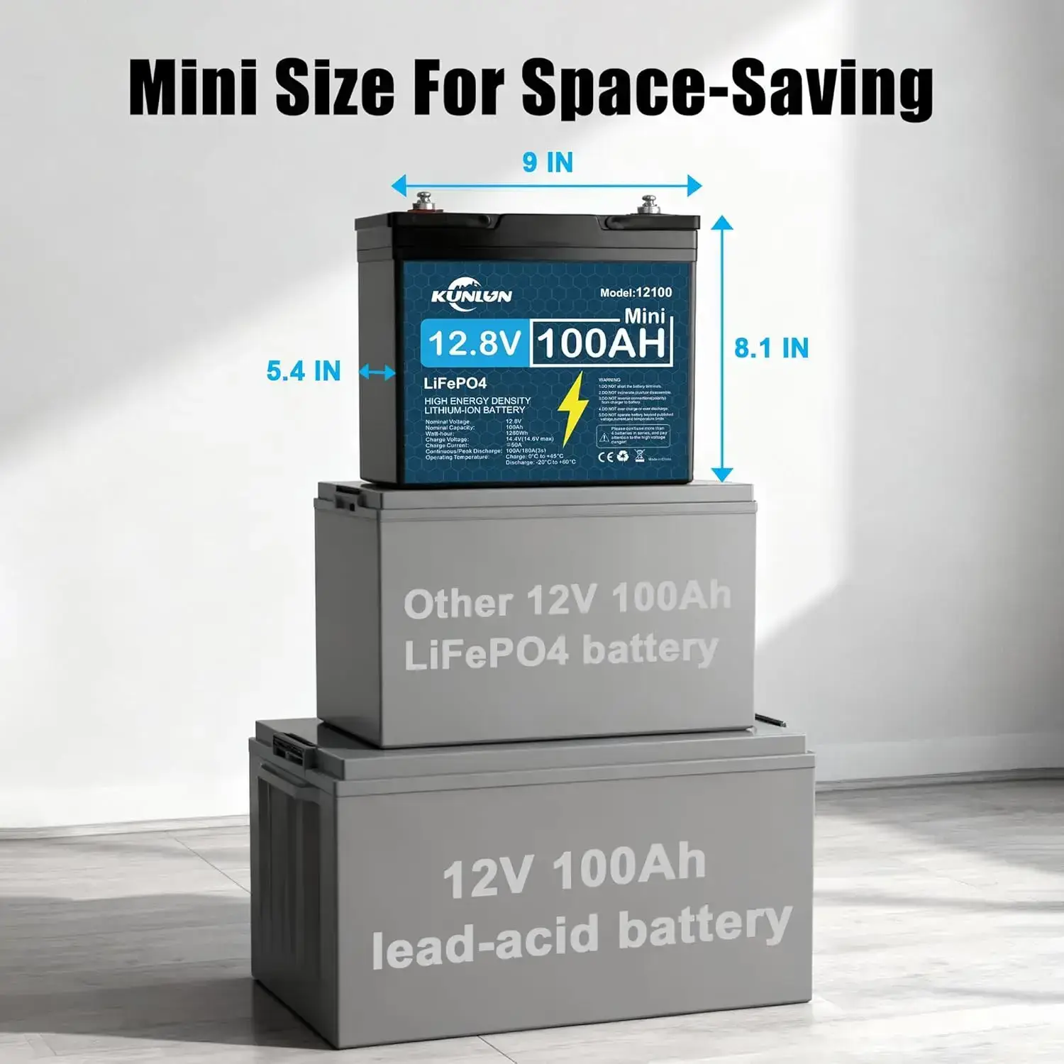 12V 100Ah LiFePO4 High Capacity Battery Model 12100 - 100A Smart BMS, 5000+ Cycles, 1280Wh Energy, Maintenance-Free Rechargeable Outdoor Emergency Power Station for RV, Off-Grid Solar, Marine Trolling Motors