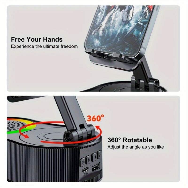 Upgraded Multi-Function Phone Holder with Wireless Speaker, RGB Mood Light & Wireless Charging - USB-C, Rechargeable Battery, Compatible with Phones/Tablets, Indoor/Outdoor Use, Valentine's Day & Holiday Gift, Multimedia Accessory, Speckled Design, Sturdy