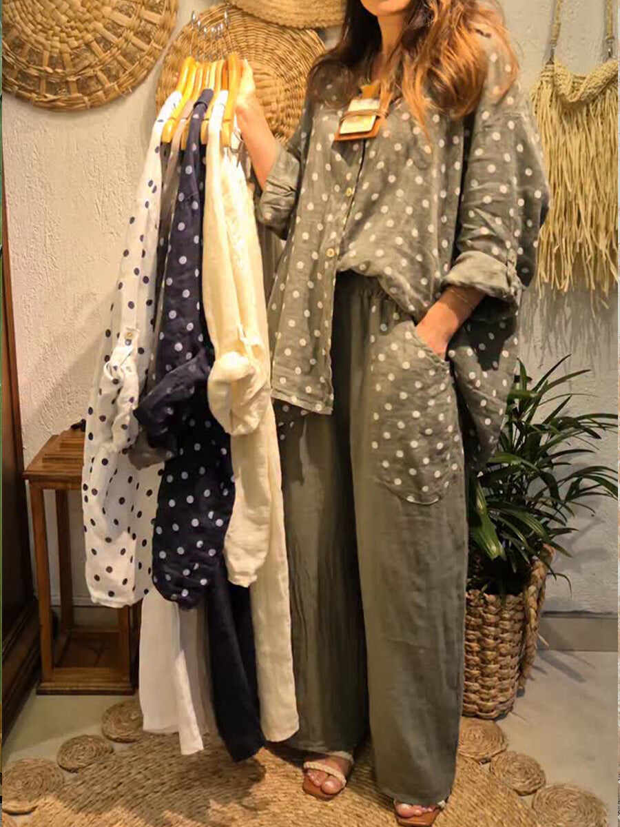 🔥Summer Arrivals🌟Casual Polka Dot Linen And Cotton Shirt And Trousers Two-piece Set