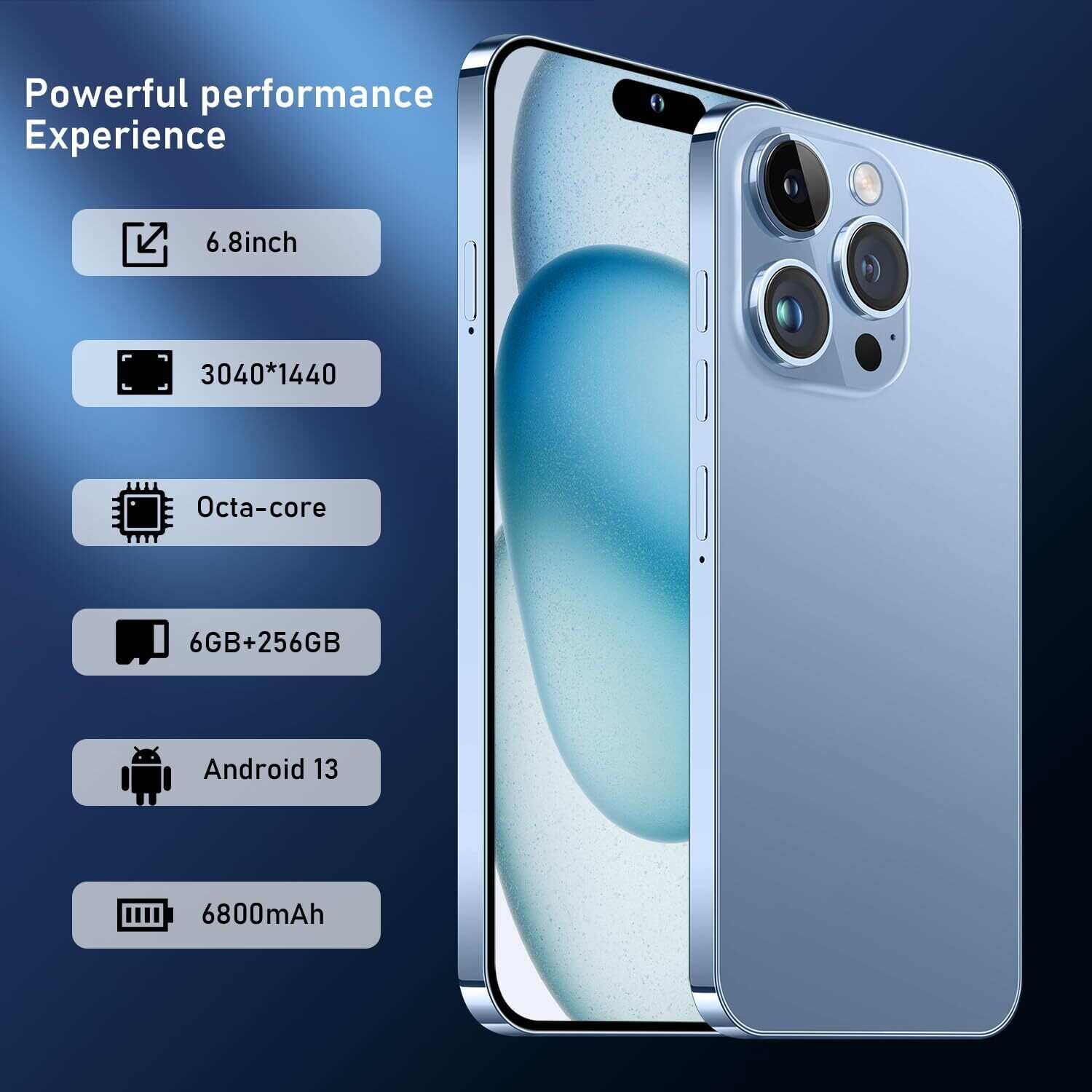 A15 Pro Max Smartphone, 6+256GB Unlocked Phone, Android 13.0, 48+108MP Zoom Camera, Long Battery Life 6800mAh, Dual SIM, 6.7“ HD Screen,5G Phone