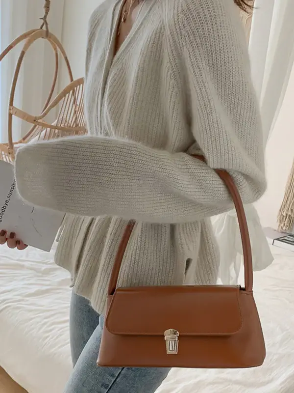 Minimalist Lock-Detail Leather Shoulder Bag