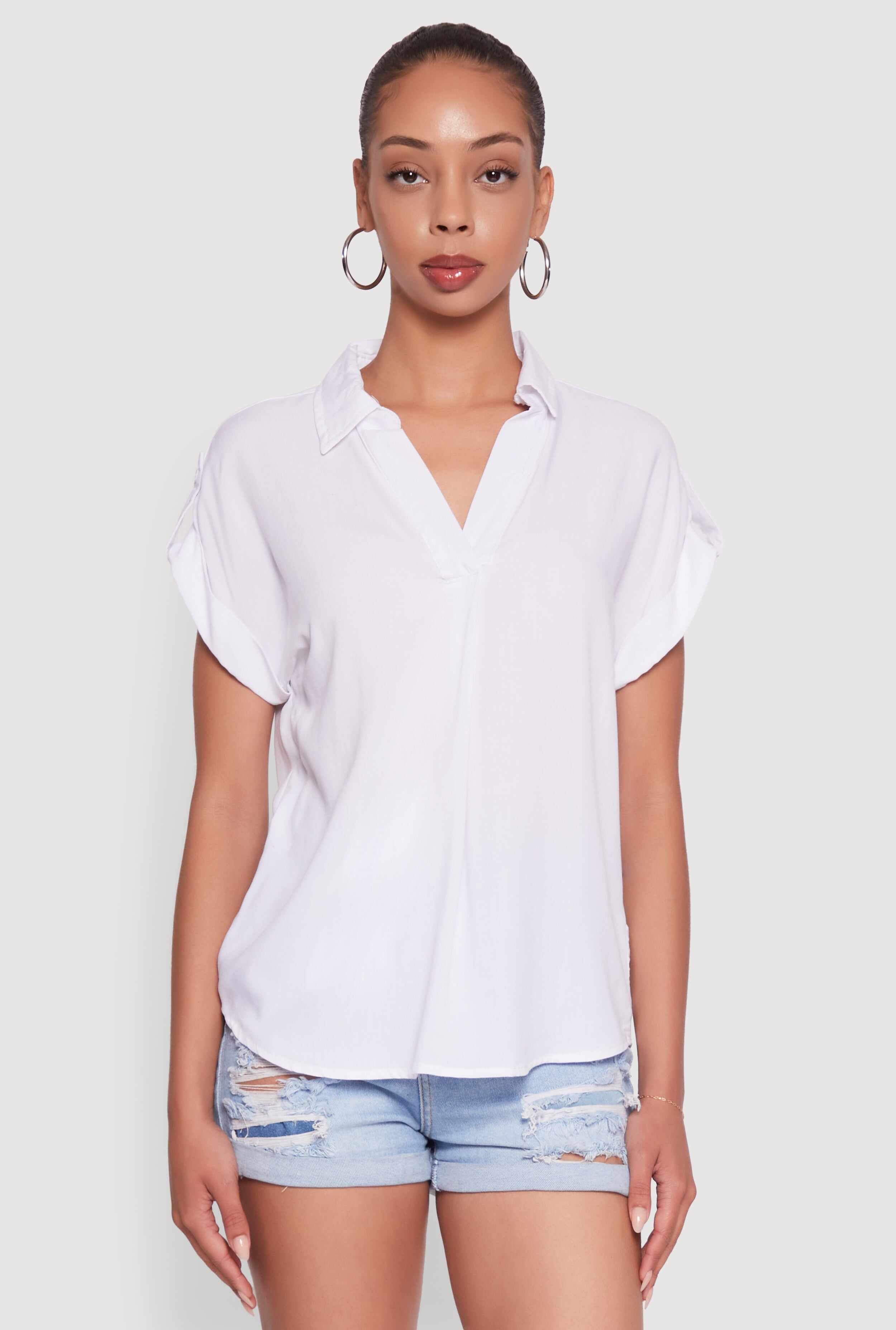 Trendy Tabbed Short Sleeve Collared Blouse