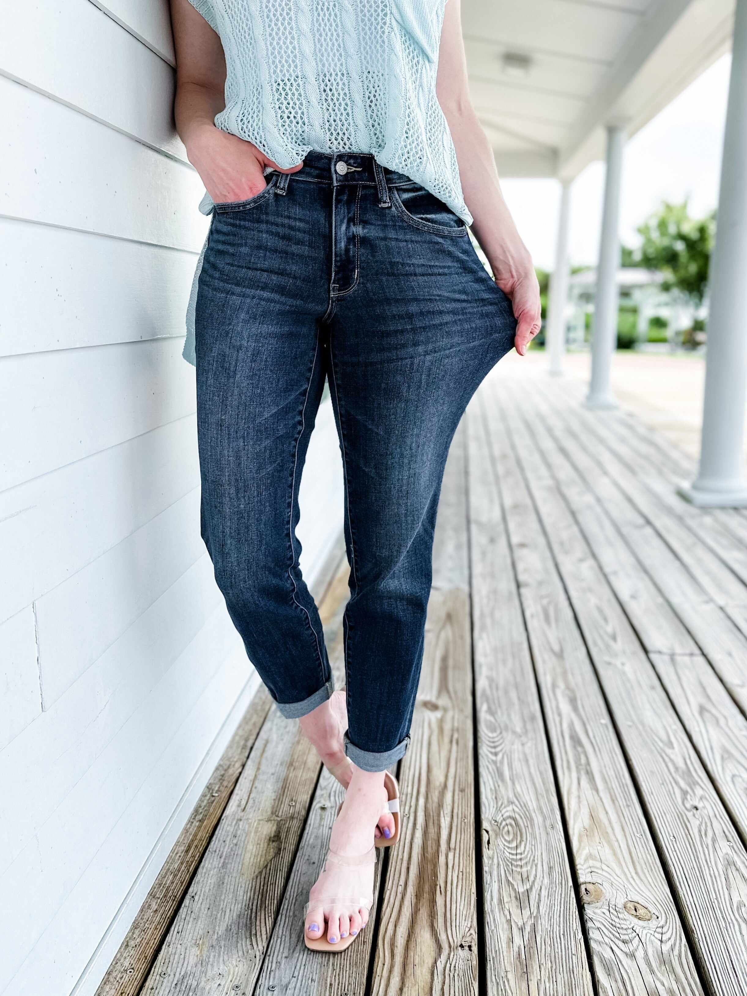 🔥Hot Sales🔥My Favorite Boyfriend Mid Rise Dark Wash Non Distressed Cuffed Boyfriend Jeans